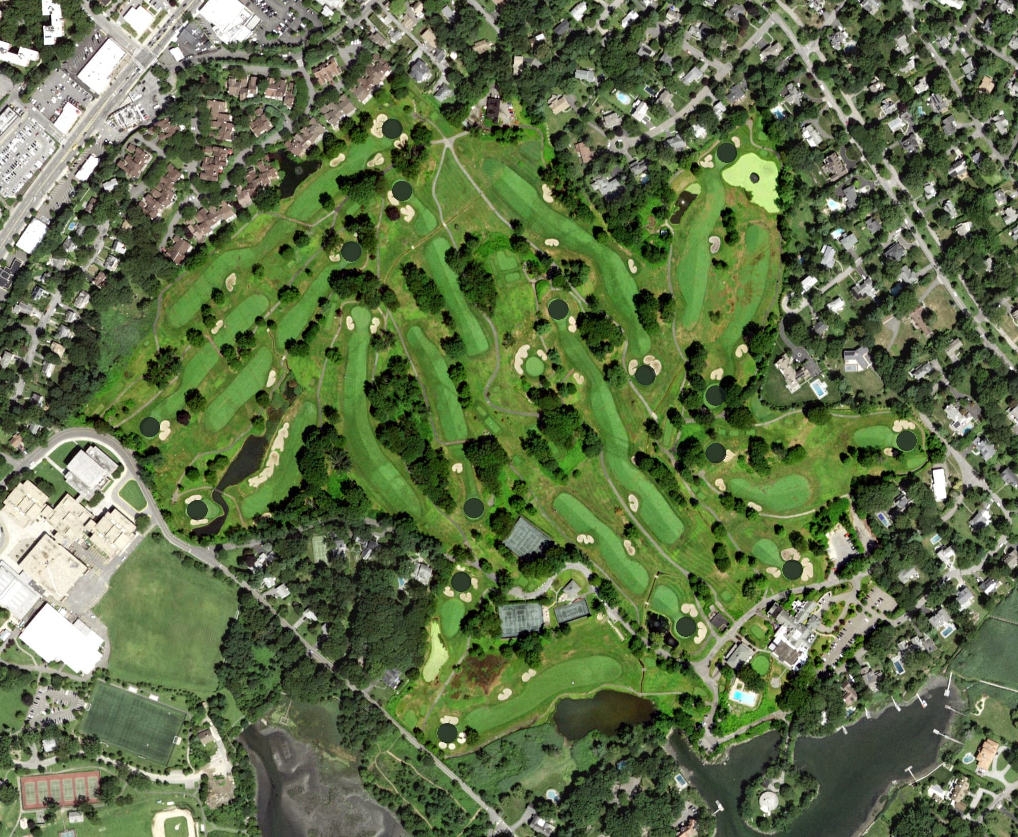 Aerial view of Hampshire Country Club, NY, with its hole routing marked