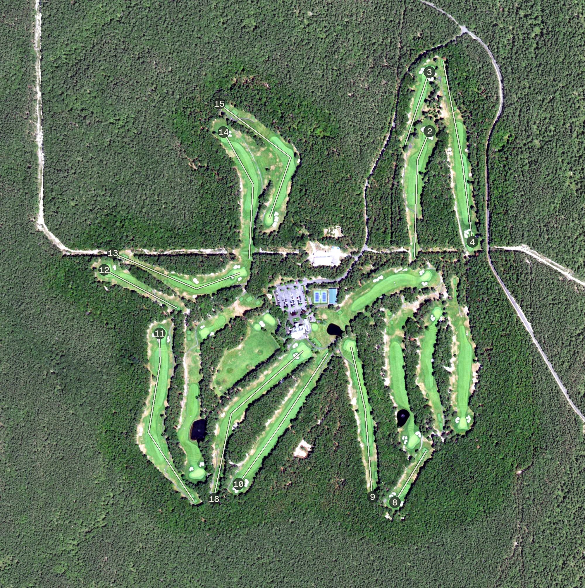 Aerial view of Hampton Hills, NY, with its hole routing marked