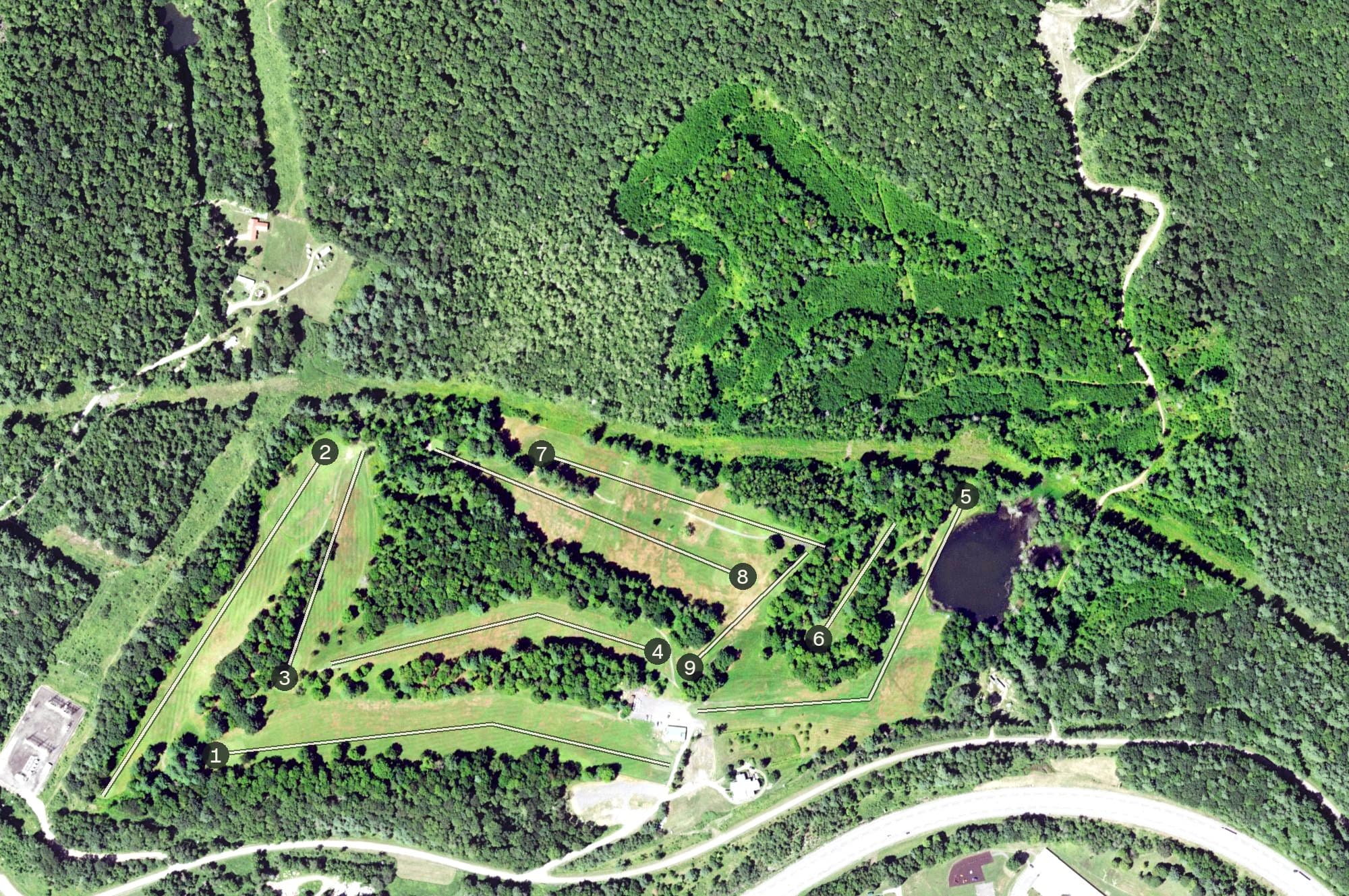 Aerial view of Hancock Golf & Country Club, NY, with its hole routing marked