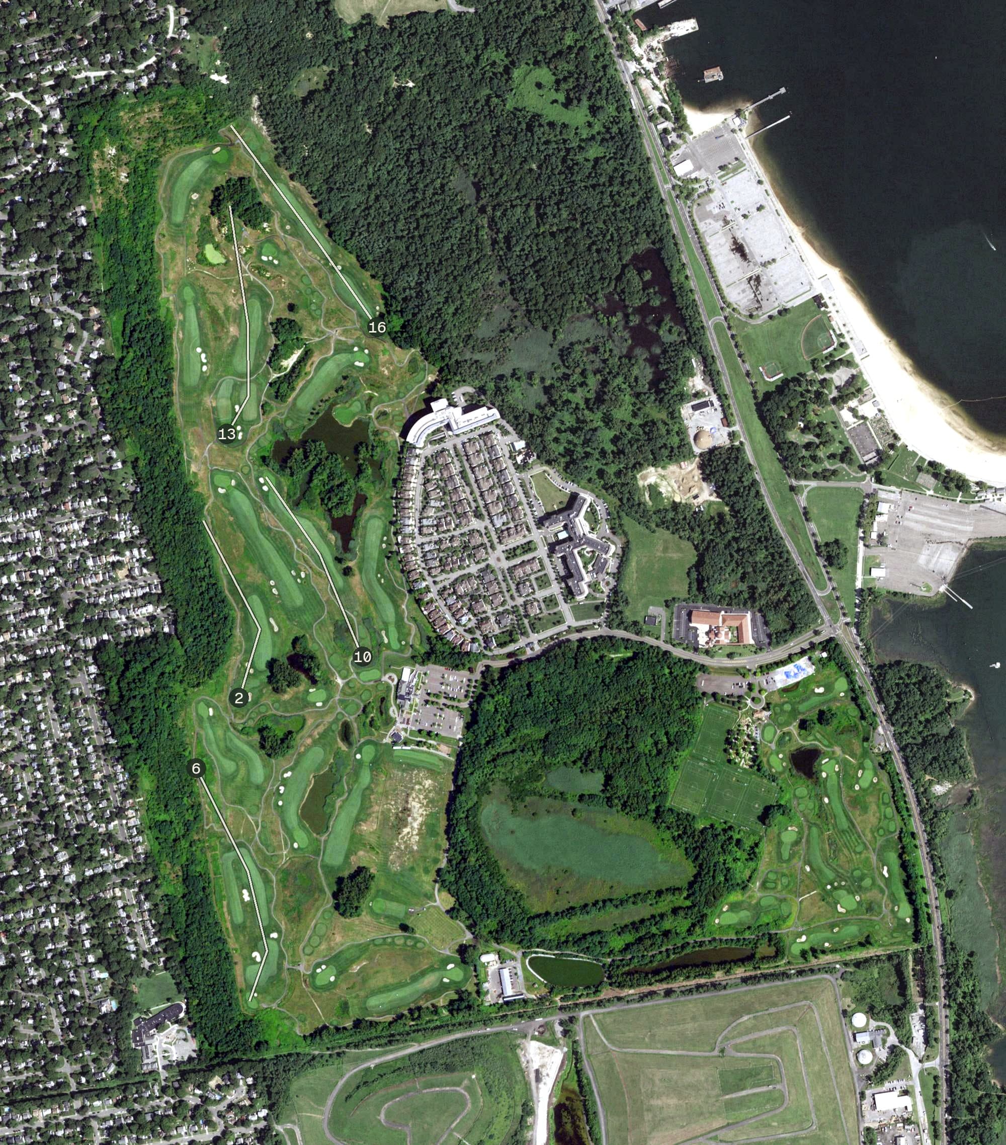 Aerial view of Harbor Links Golf Course, NY, with its hole routing marked