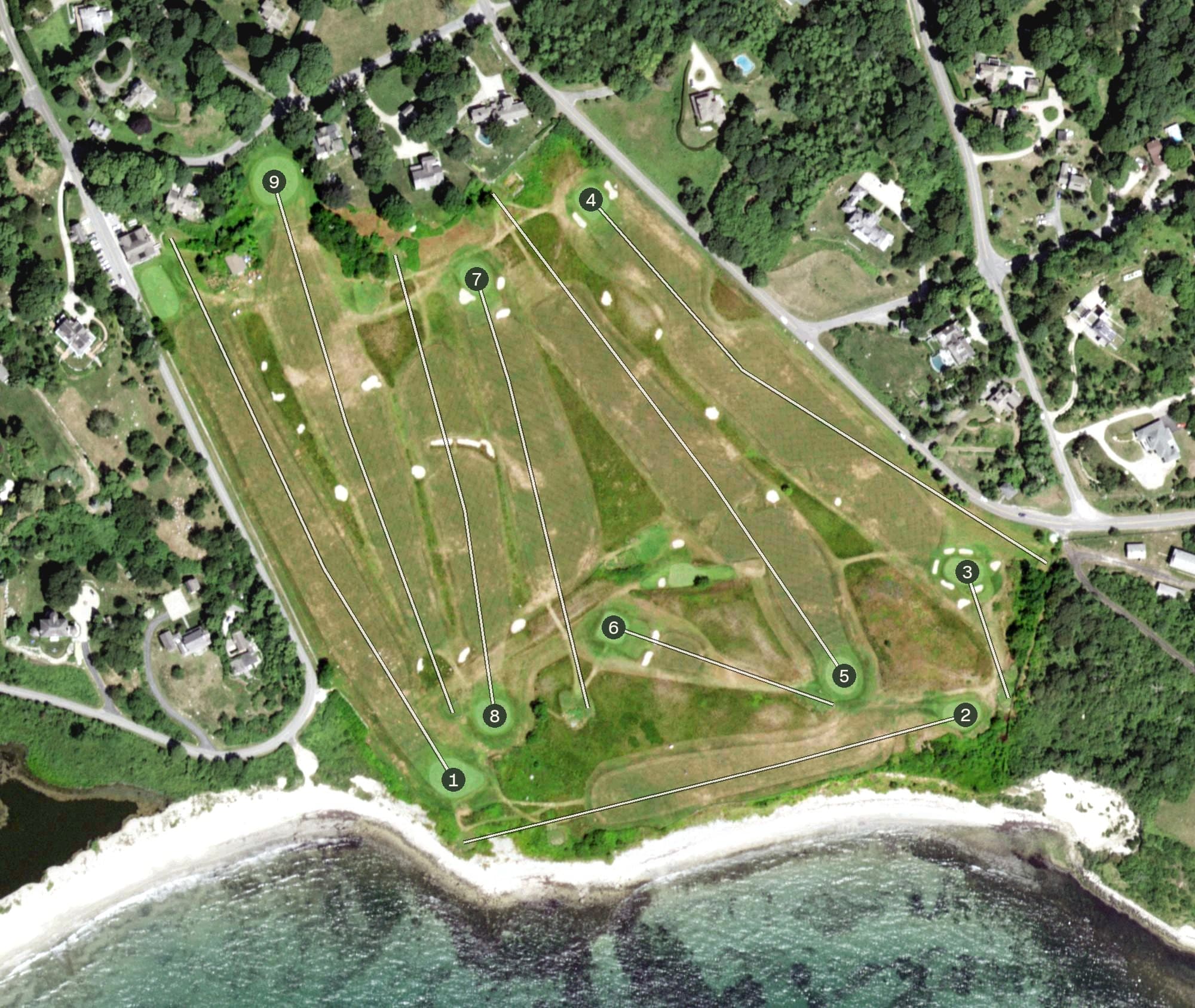 Aerial view of Hay Harbor Club, NY, with its hole routing marked