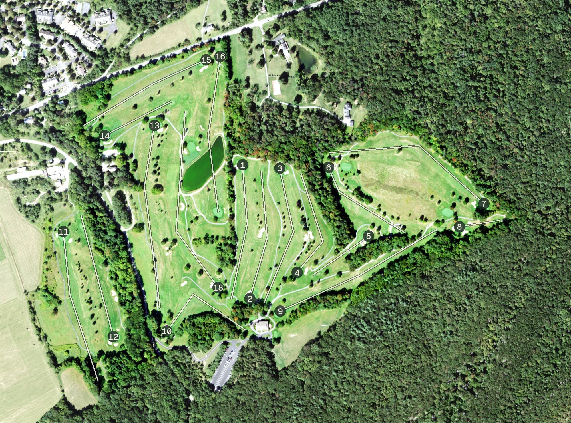 Aerial view of Hickory Hill, NY, with its hole routing marked