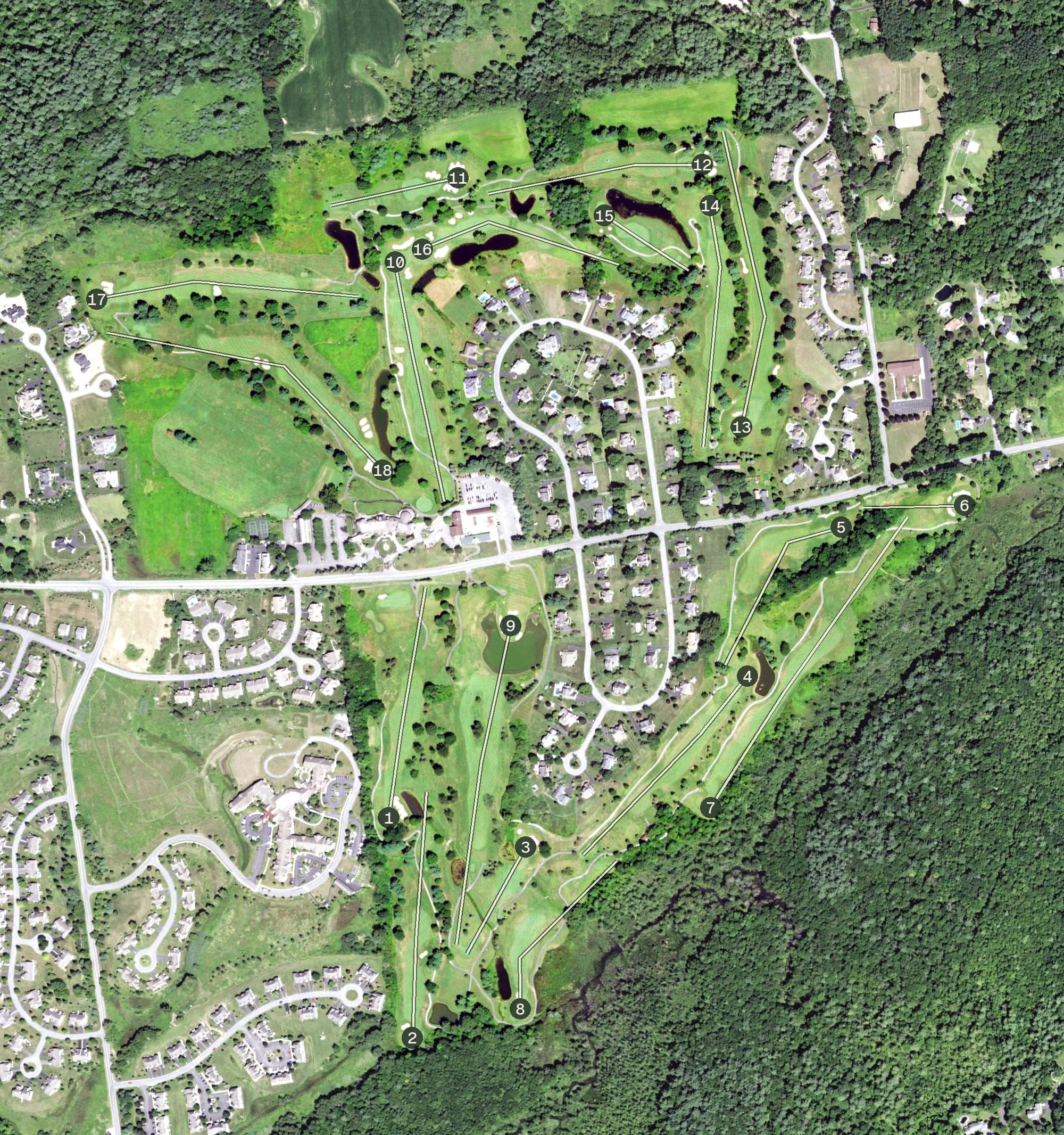 Aerial view of Hiland Park Country Club, NY, with its hole routing marked