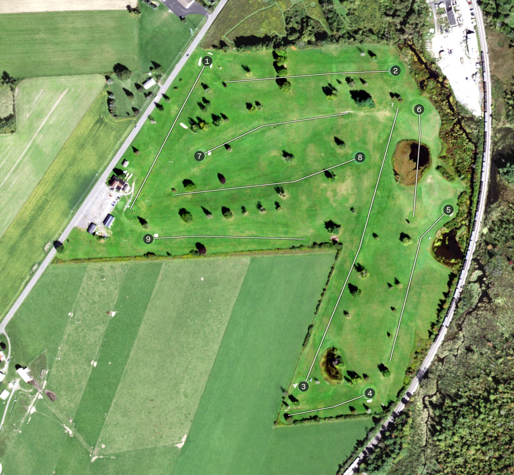 Aerial view of Hill 'N Dale, NY, with its hole routing marked
