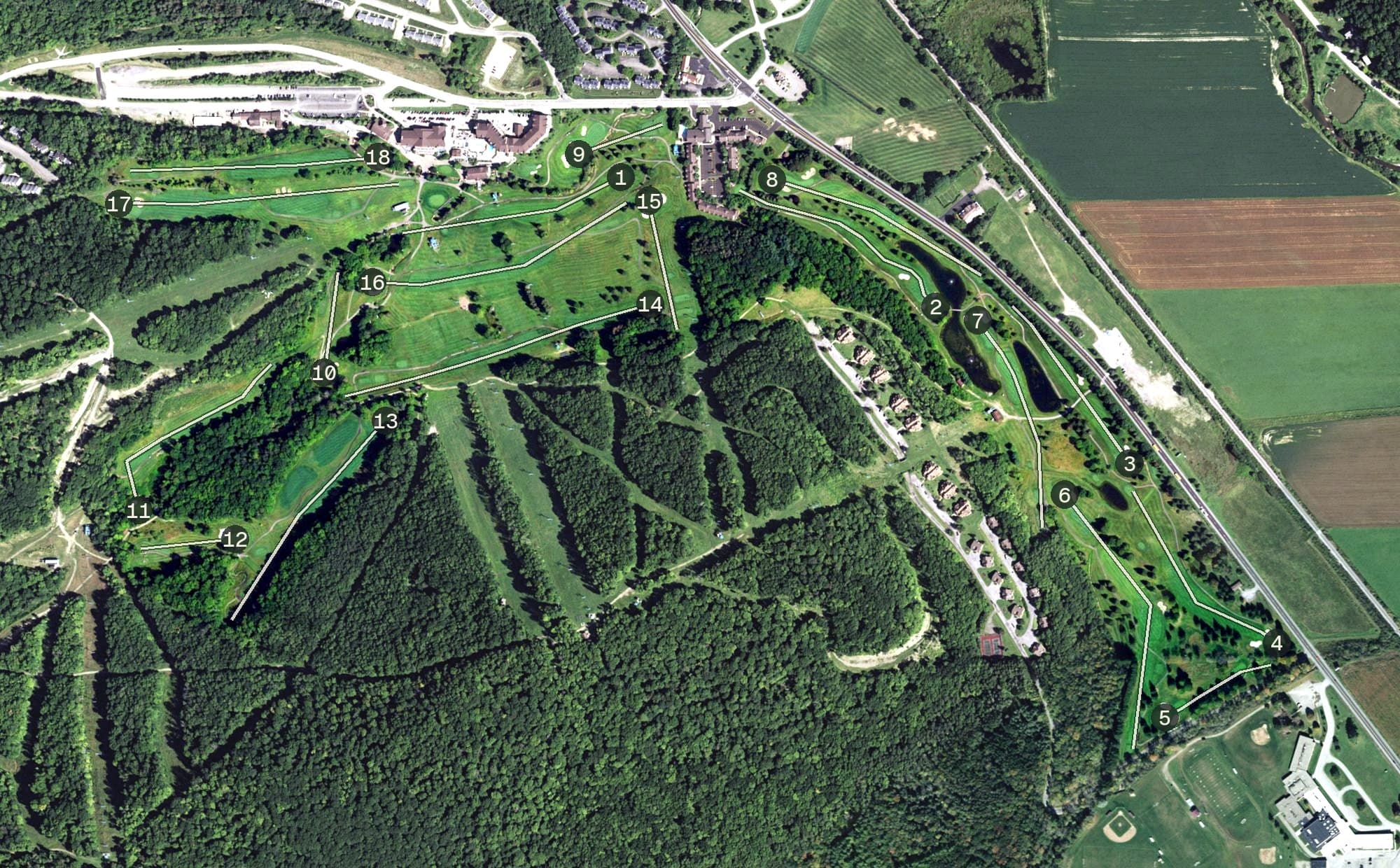 Aerial view of Holiday Valley Golf Course, NY, with its hole routing marked