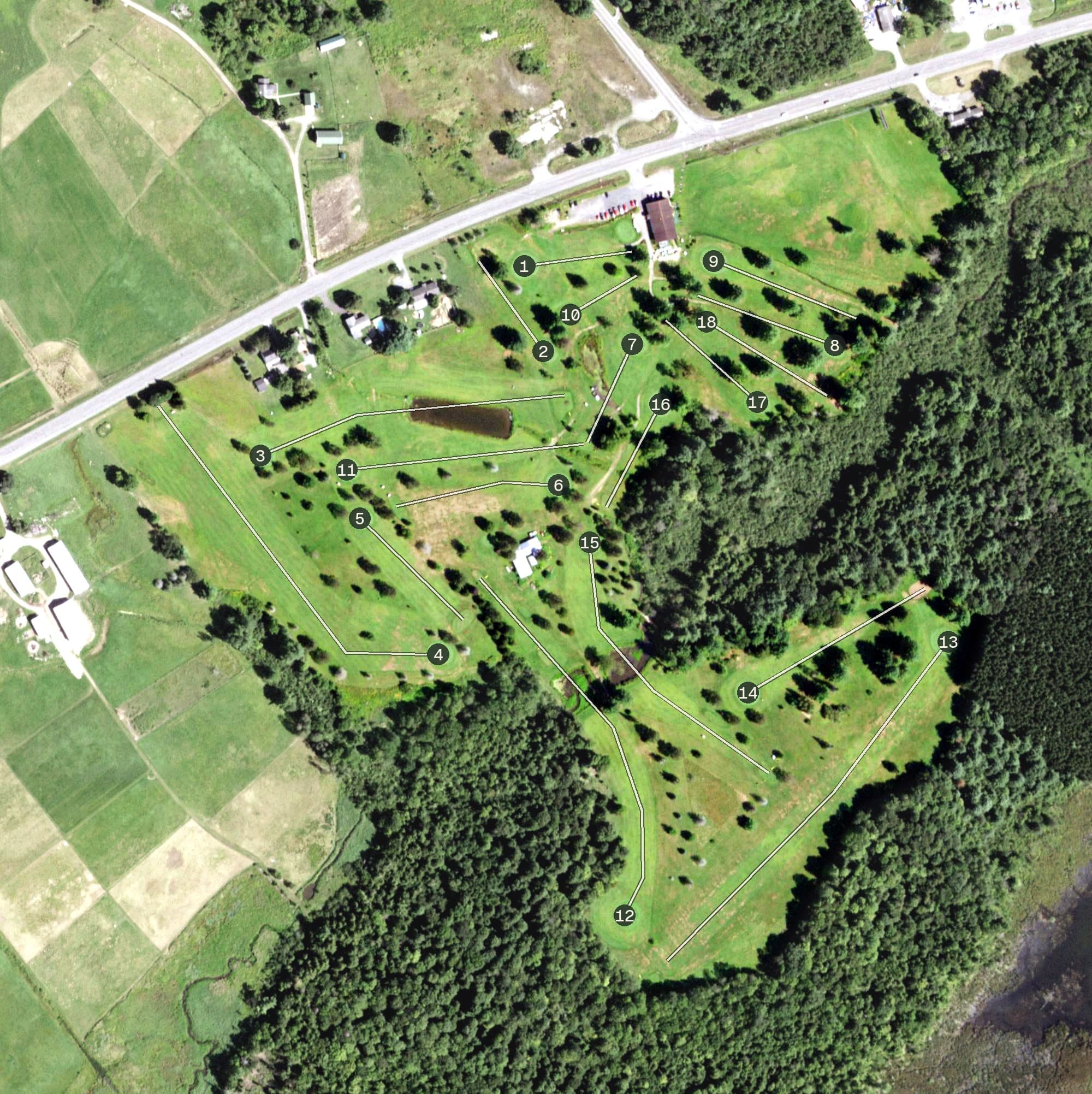 Aerial view of Holland Meadows, NY, with its hole routing marked