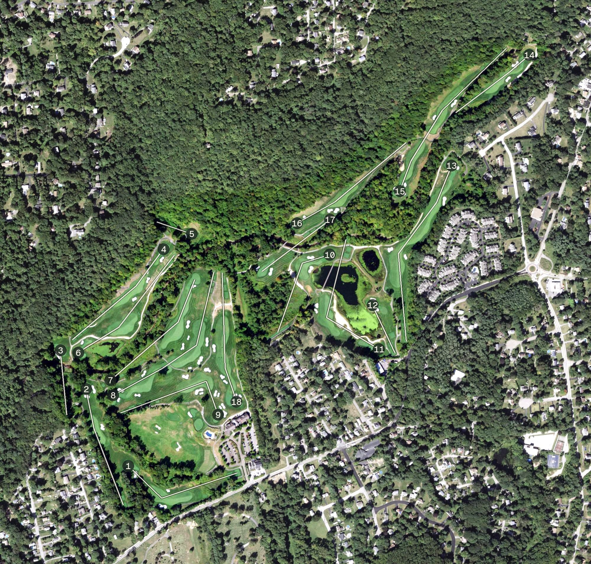 Aerial view of Hollow Brook Golf Club, NY, with its hole routing marked