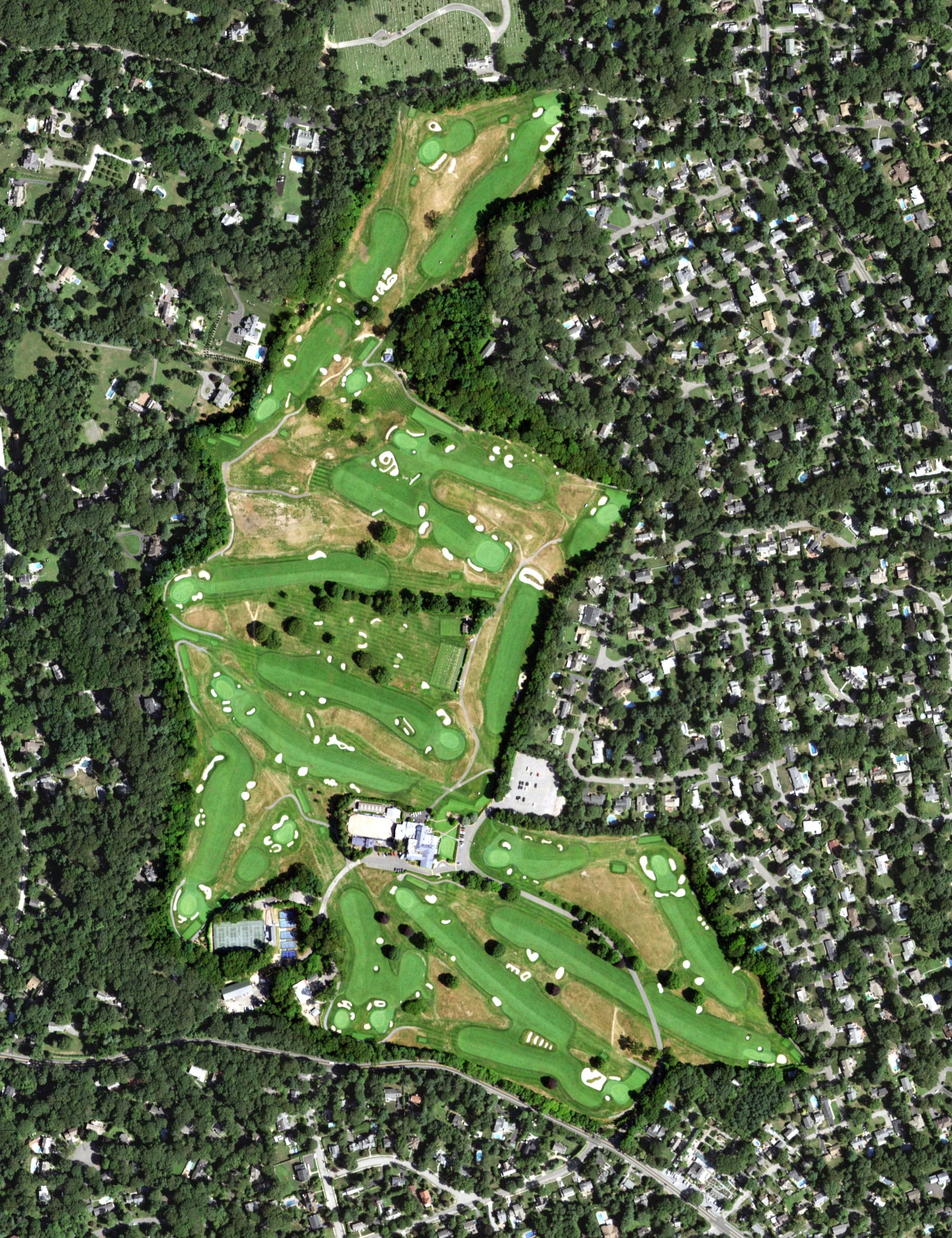 Aerial view of Huntington Country Club, NY, with its hole routing marked