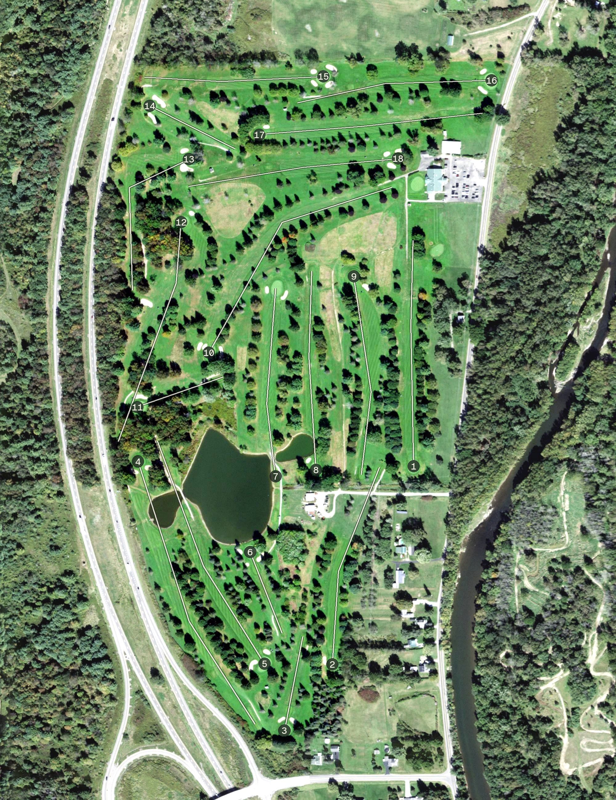 Aerial view of Indian Hills State Golf Course, NY, with its hole routing marked