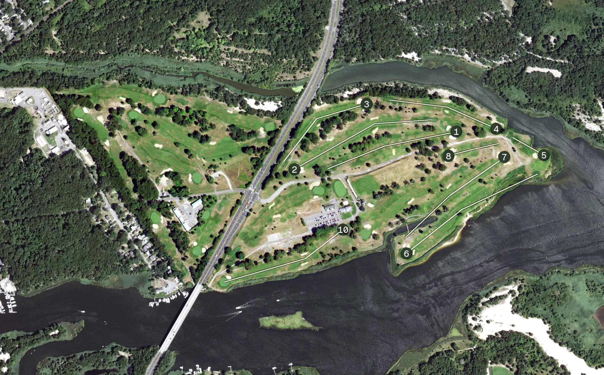 Aerial view of Indian Island Golf Course, NY, with its hole routing marked
