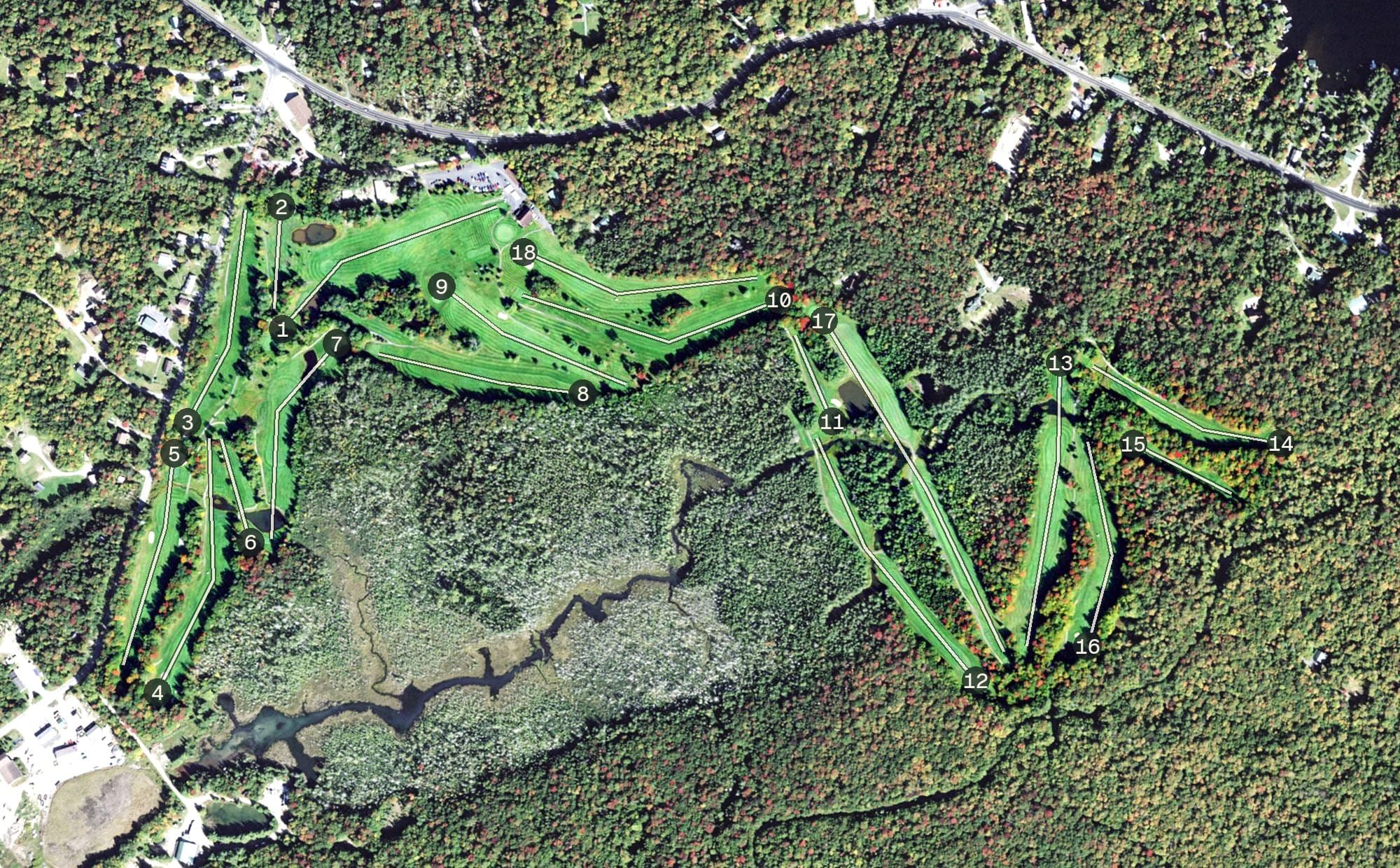 Aerial view of Inlet Golf Club, NY, with its hole routing marked