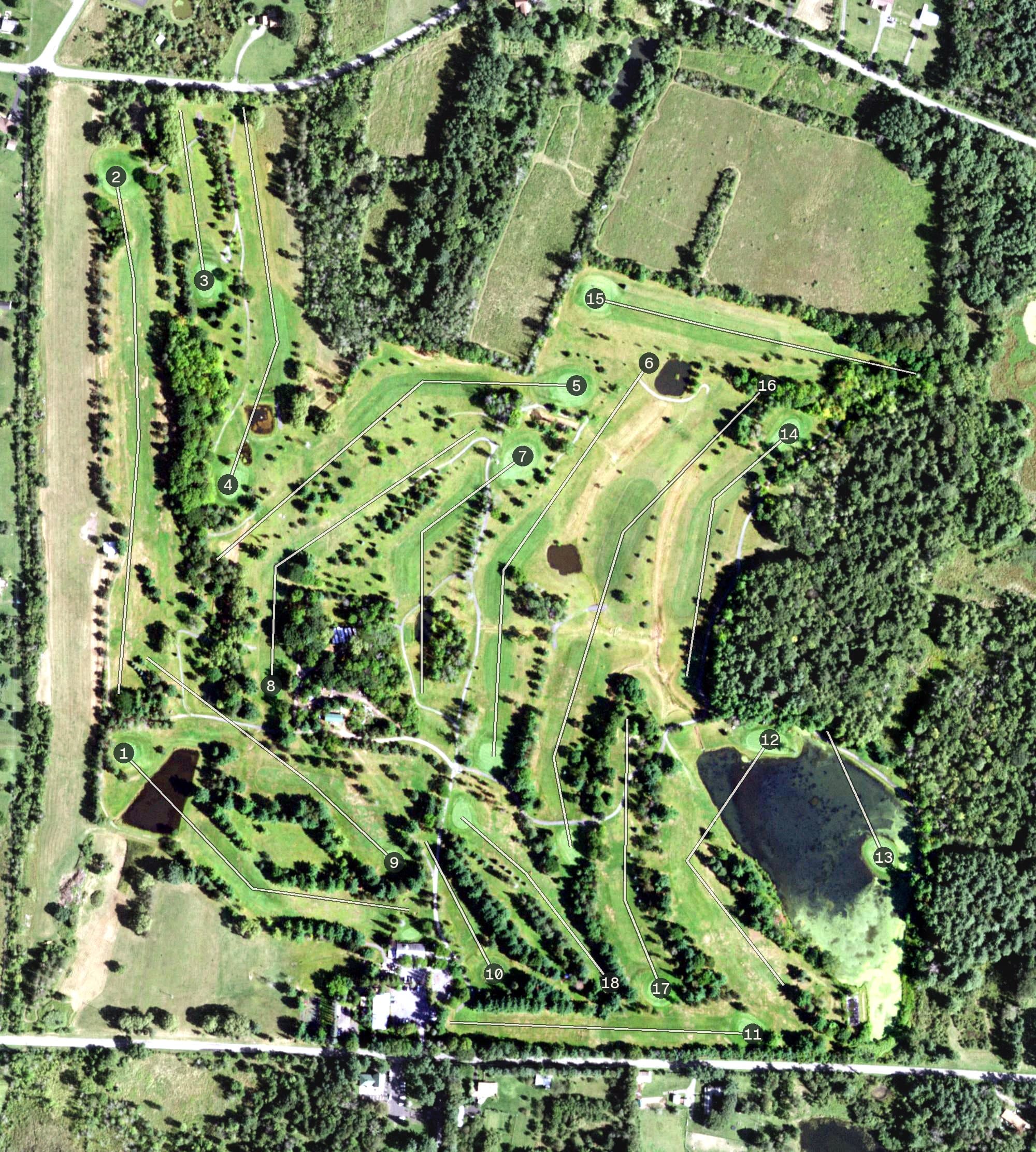 Aerial view of Island Green Resort & Golf Club, NY, with its hole routing marked