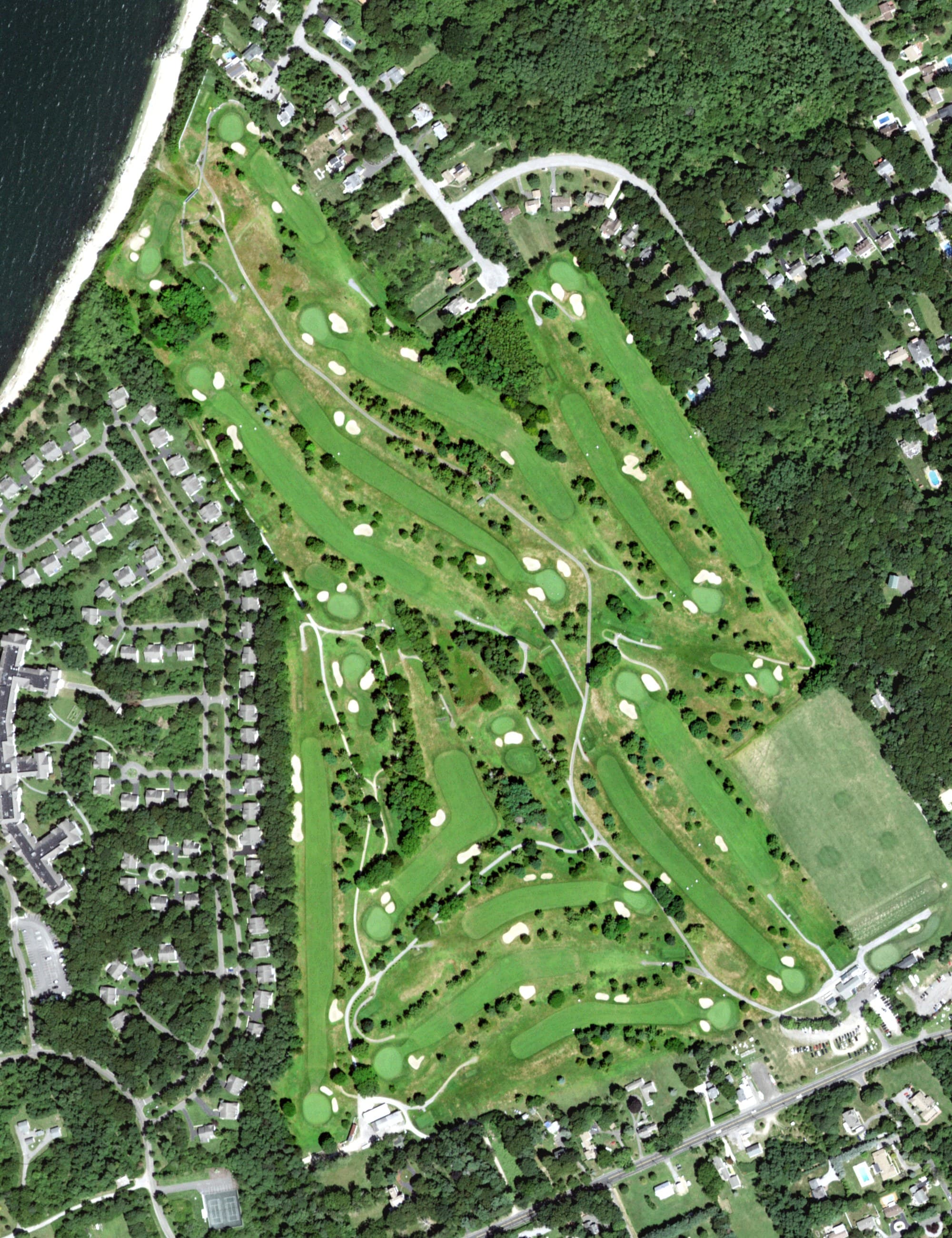 Aerial view of Island's End Golf & Country Club, NY, with its hole routing marked
