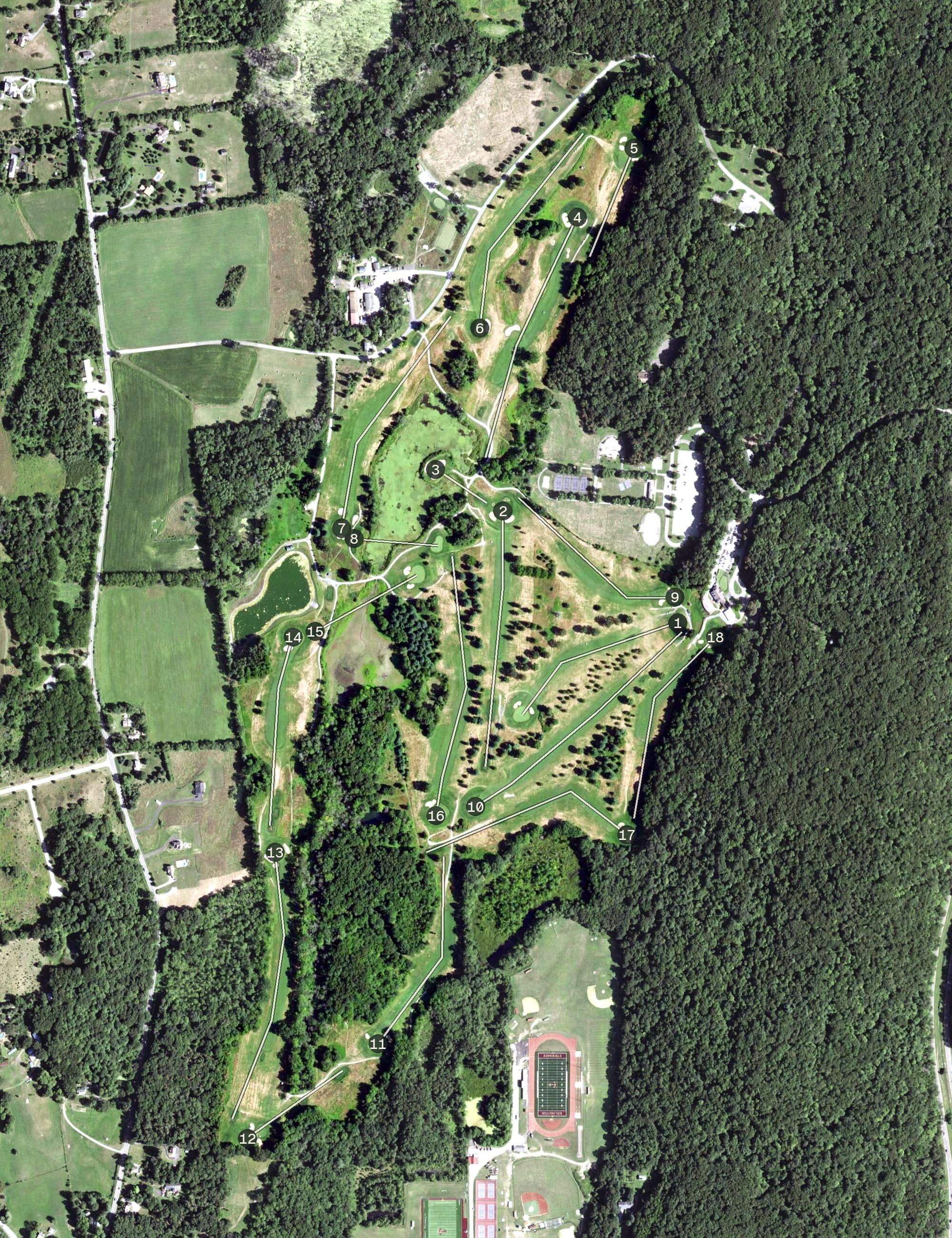 Aerial view of James Baird State Park Golf Course, NY, with its hole routing marked