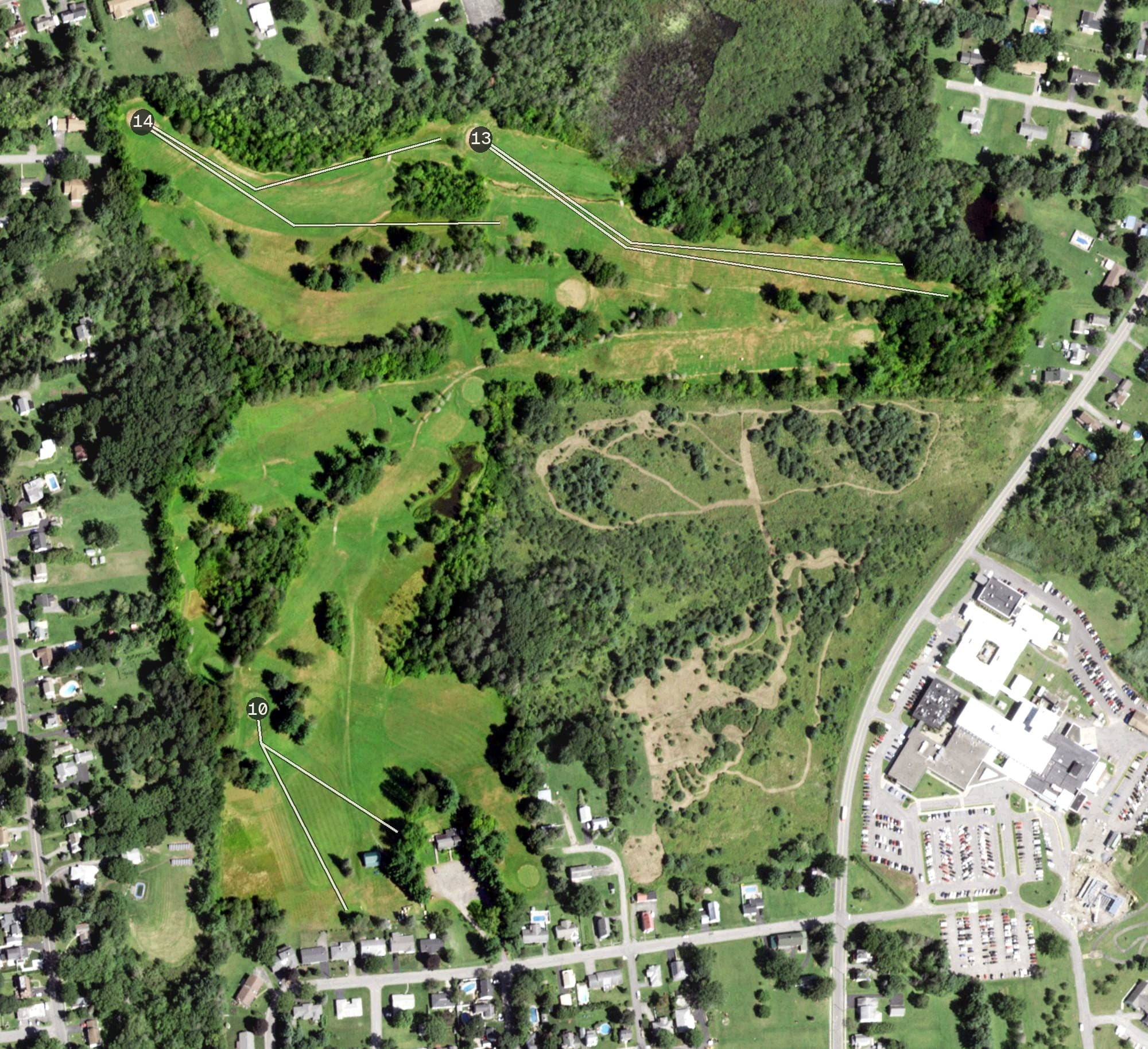 Aerial view of Kingsboro Golf Course, NY, with its hole routing marked