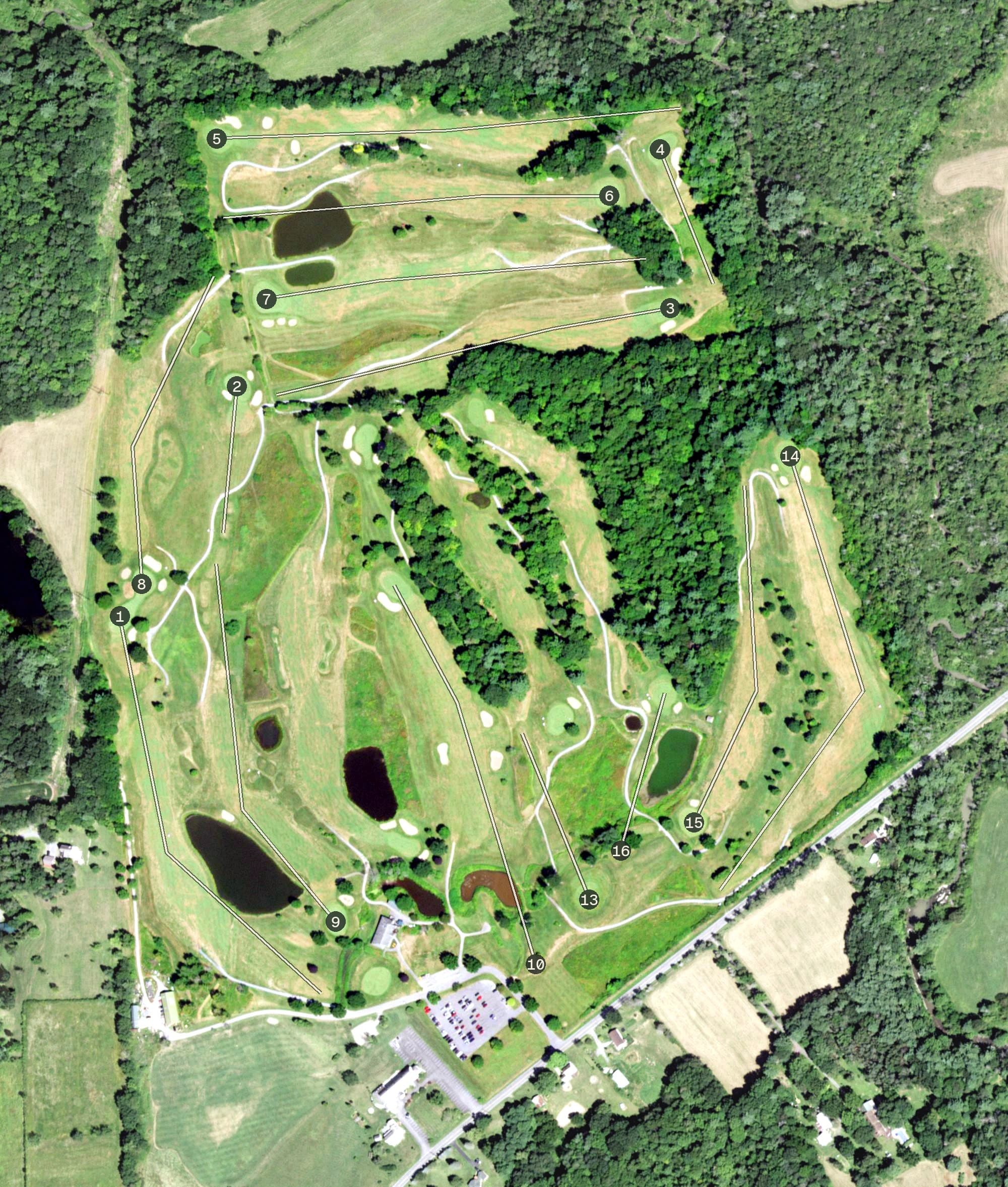Aerial view of Kingsbury National Golf Club, NY, with its hole routing marked