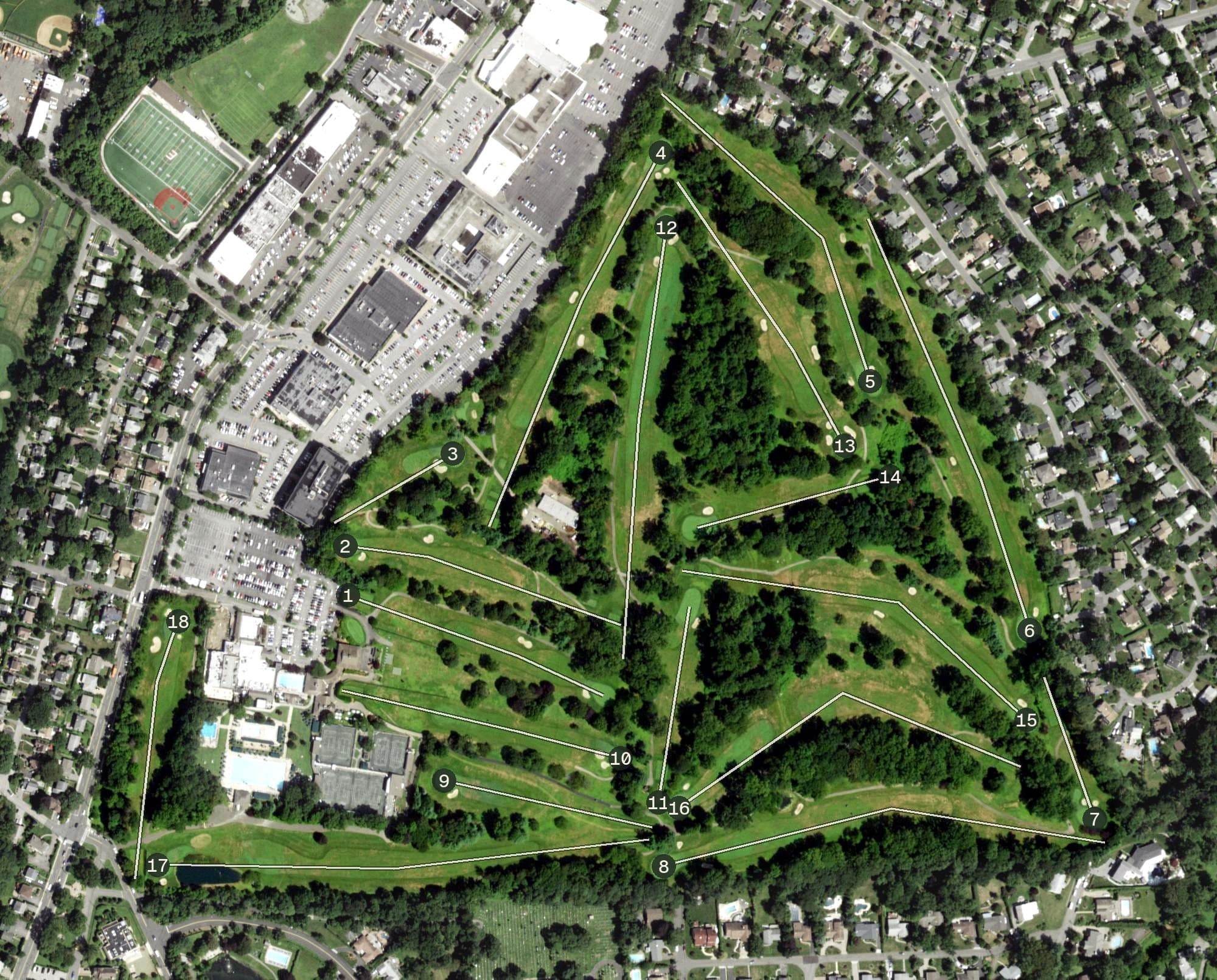 Aerial view of Lake Isle Country Club, NY, with its hole routing marked