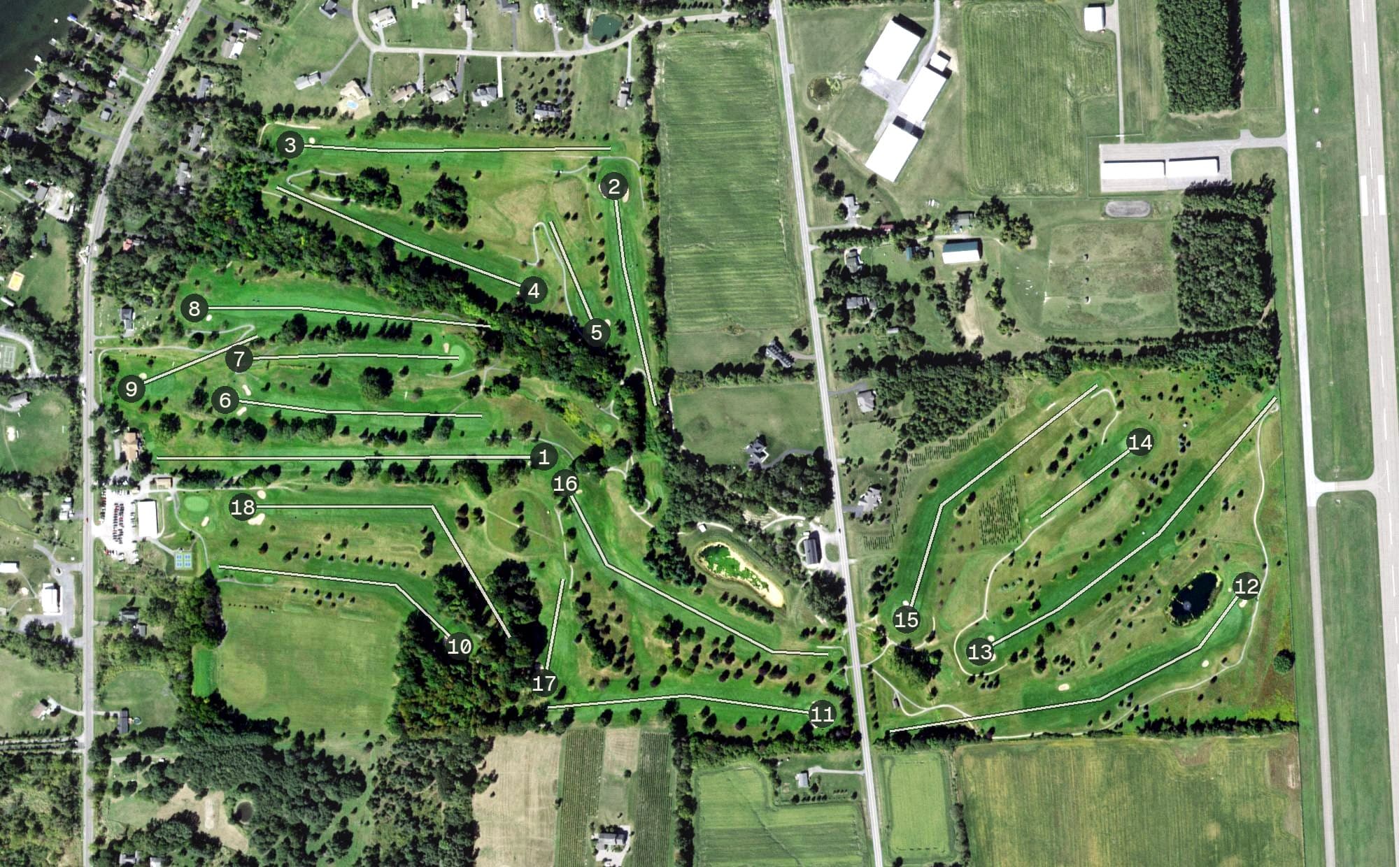 Aerial view of Lakeside Country Club, NY, with its hole routing marked