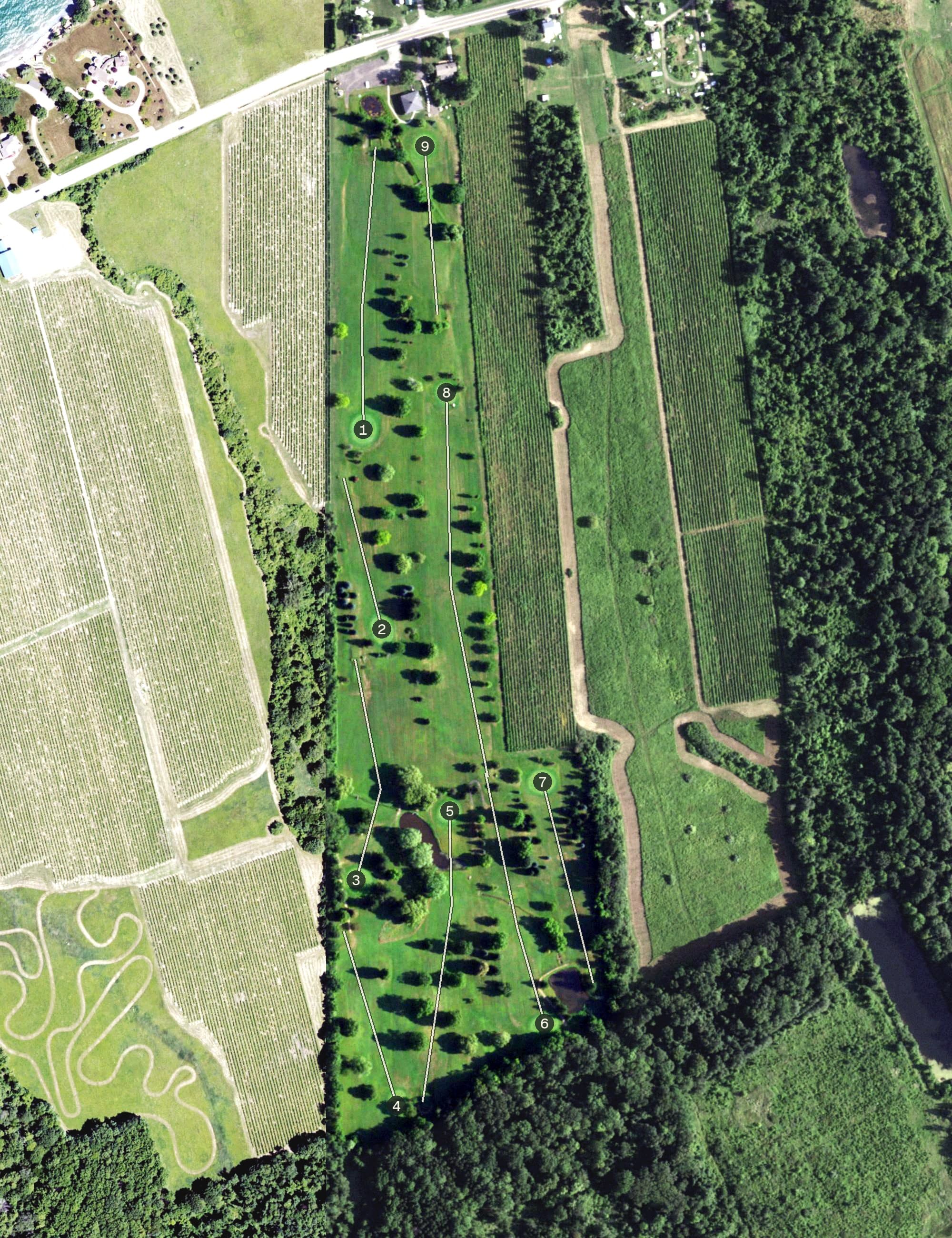 Aerial view of Lakeside Golf Course, NY, with its hole routing marked