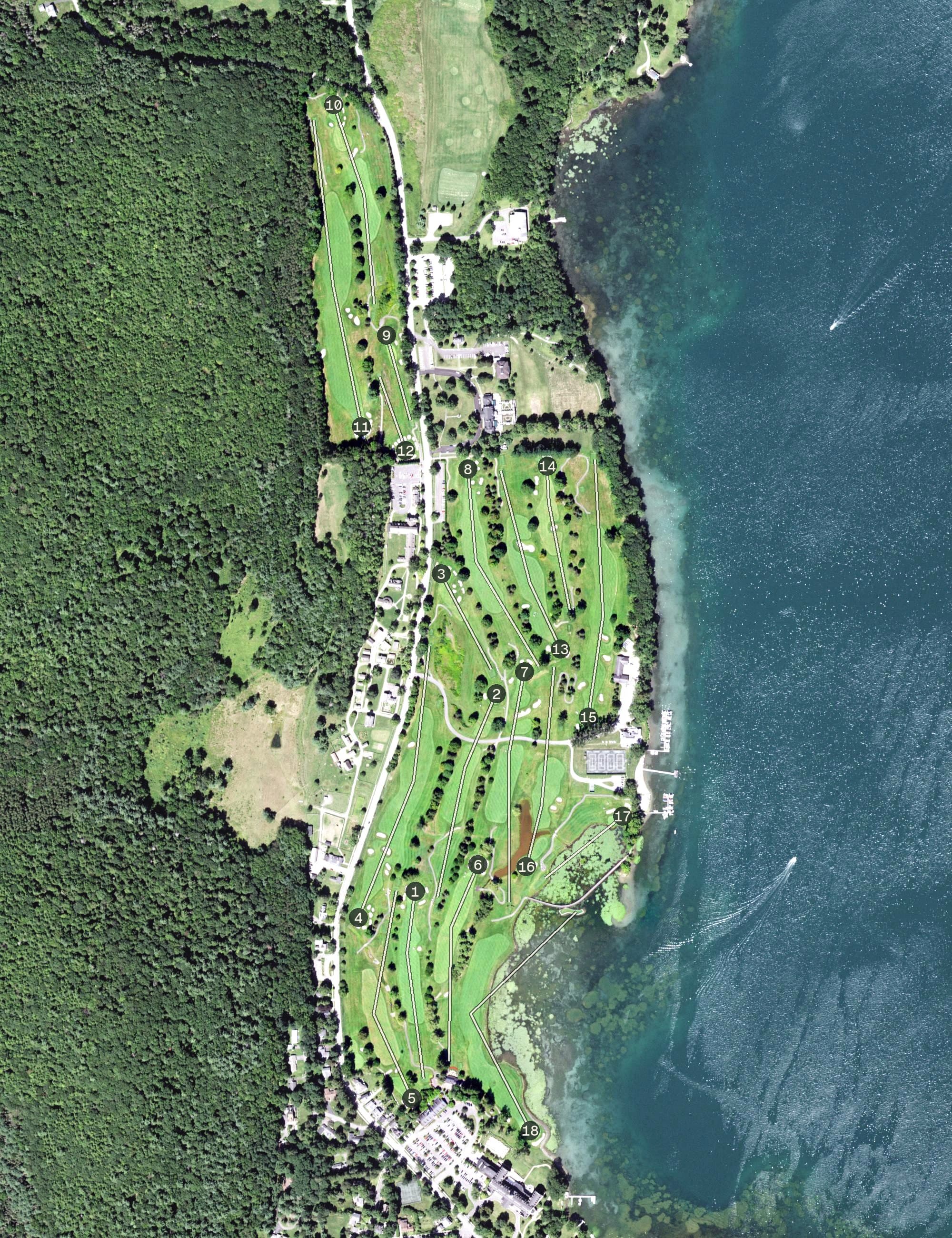 Aerial view of Leatherstocking Golf Course, NY, with its hole routing marked