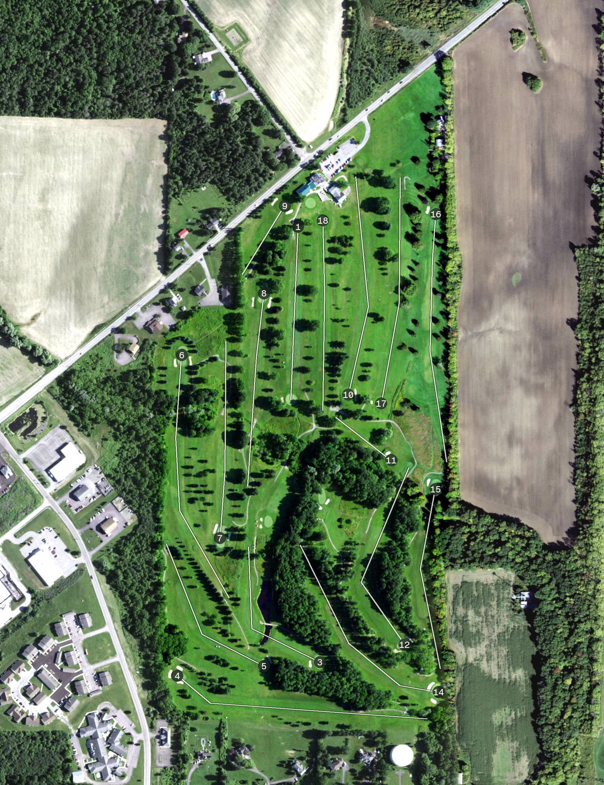 Aerial view of Livingston Country Club, NY, with its hole routing marked