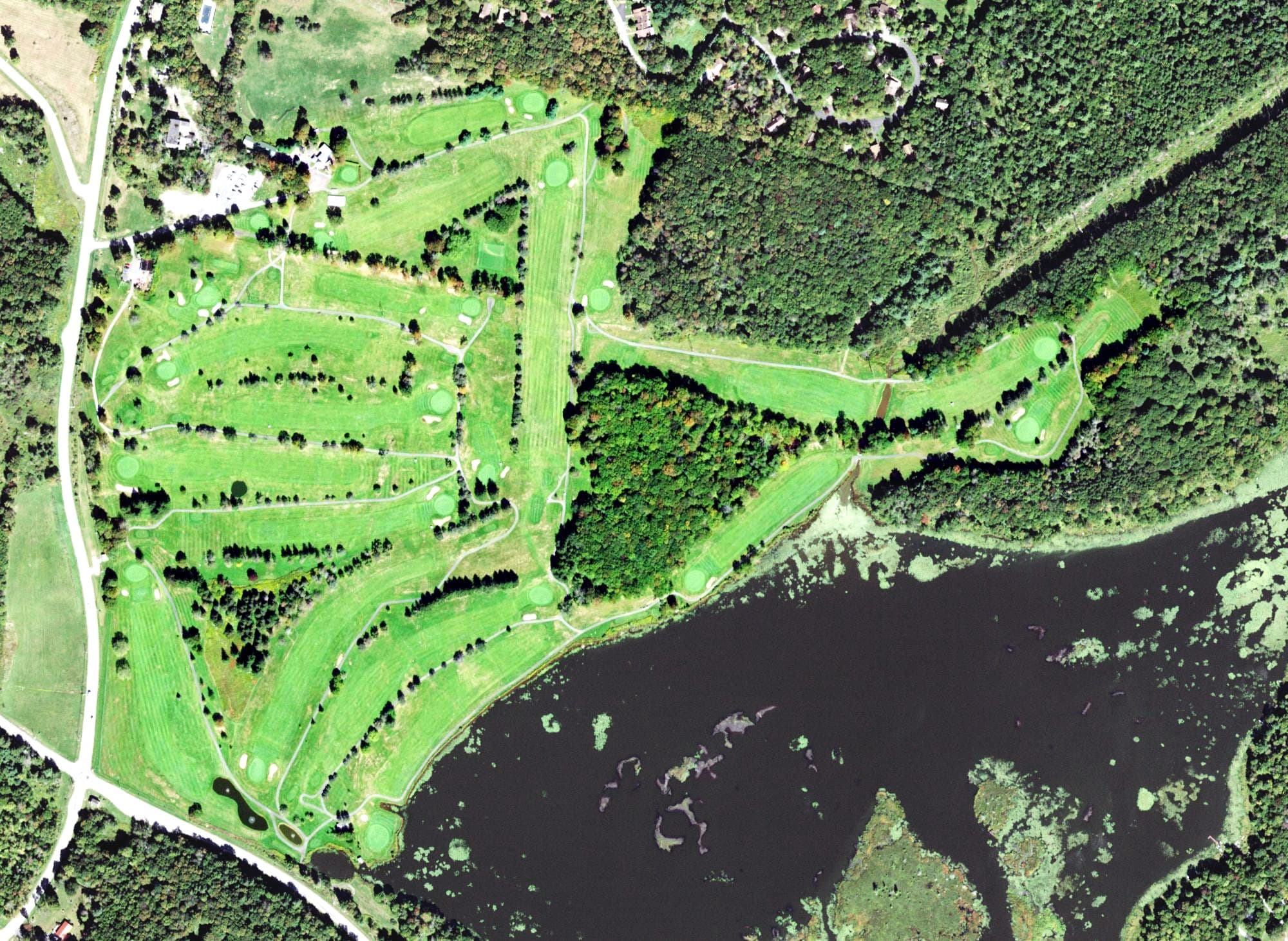 Aerial view of Lochmor Golf Course, NY, with its hole routing marked