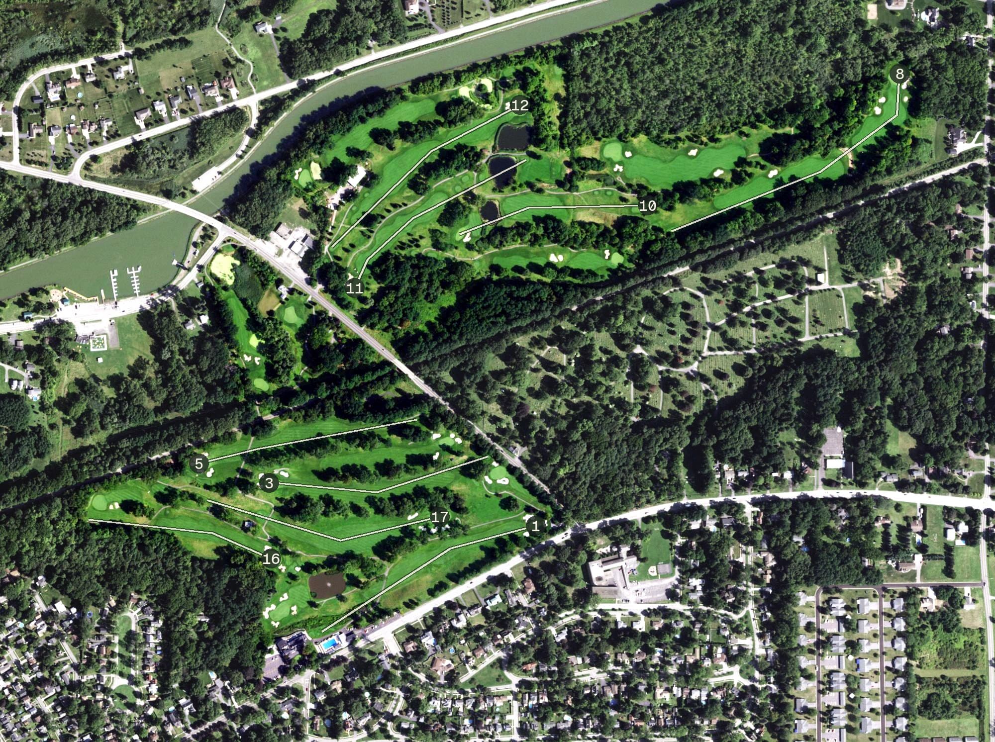 Aerial view of Lockport Town & Country Club, NY, with its hole routing marked