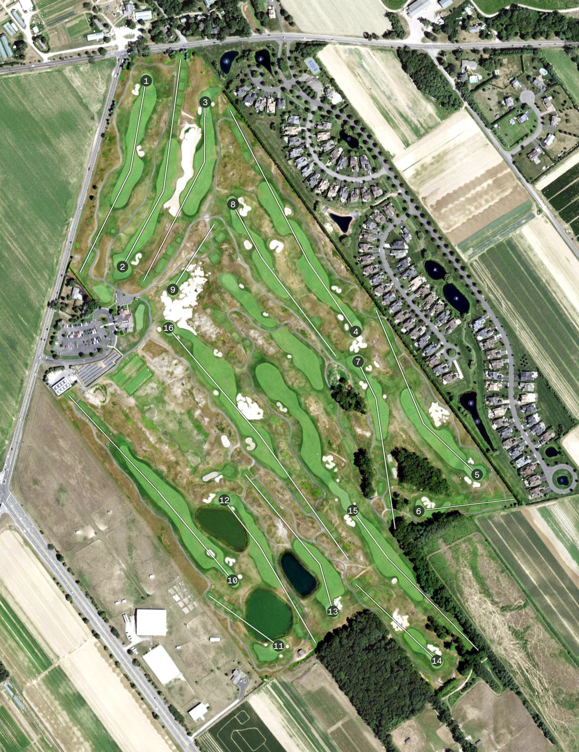 Aerial view of Long Island National, NY, with its hole routing marked