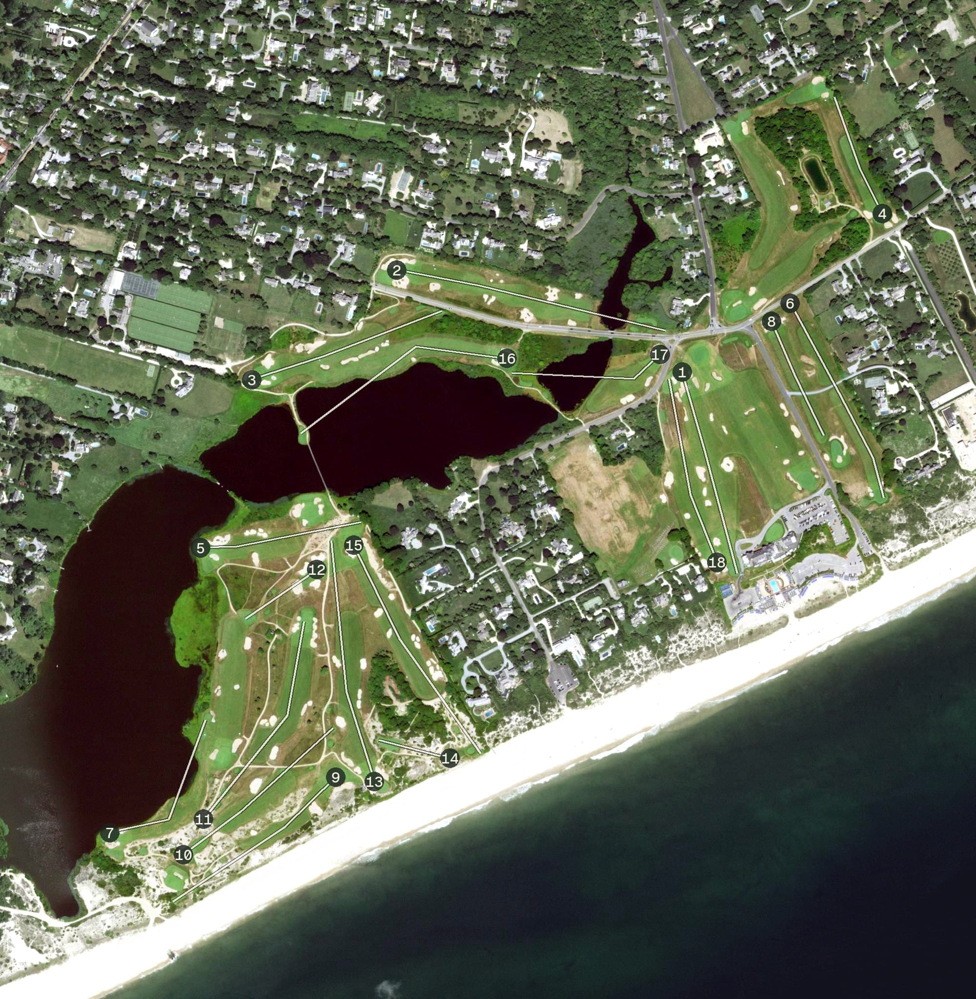 Aerial view of Maidstone Club, NY, with its hole routing marked