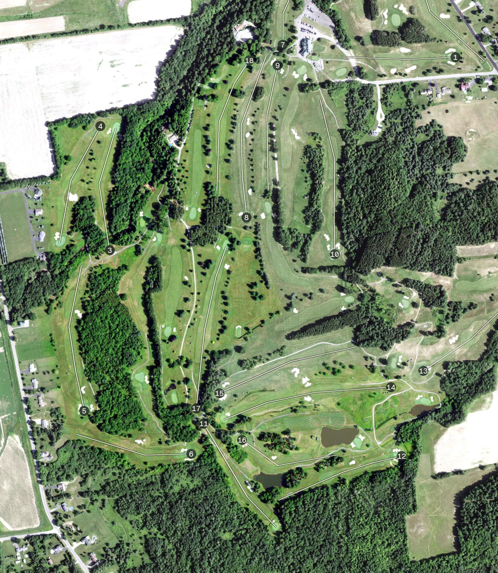 Aerial view of Malone Golf Club (West Course), NY, with its hole routing marked