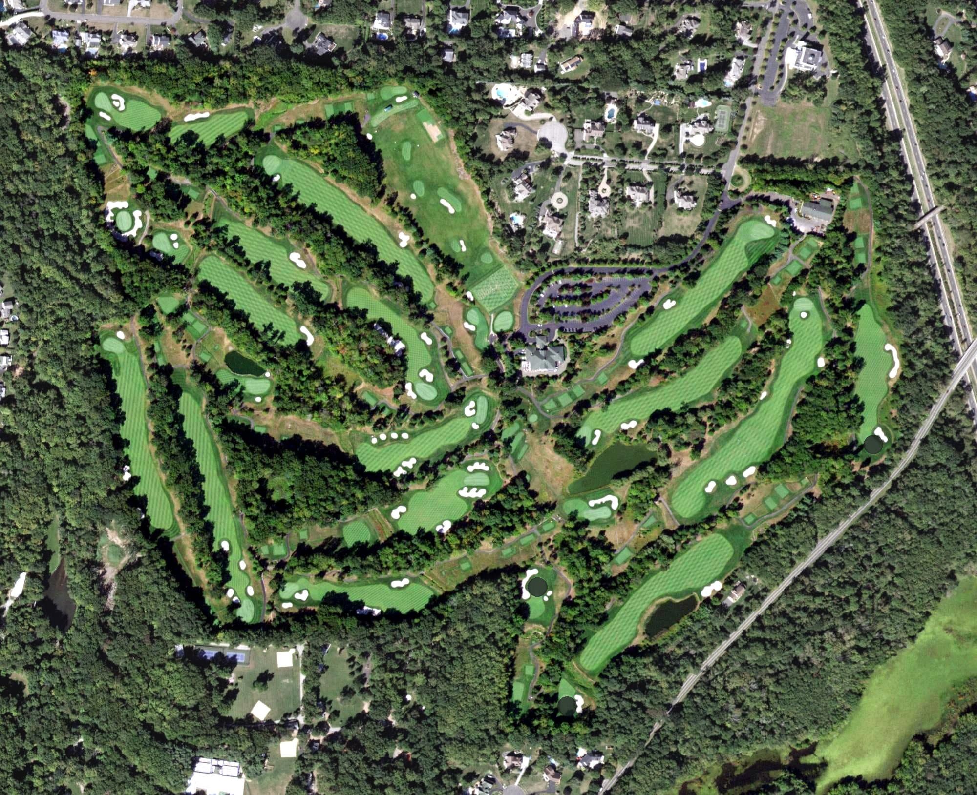 Aerial view of Manhattan Woods Golf Club, NY, with its hole routing marked