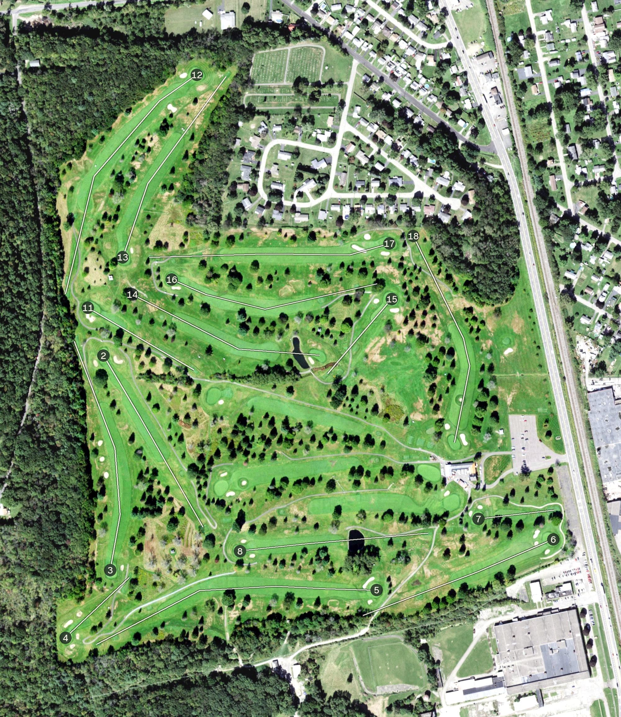 Aerial view of Mark Twain Golf Course, NY, with its hole routing marked