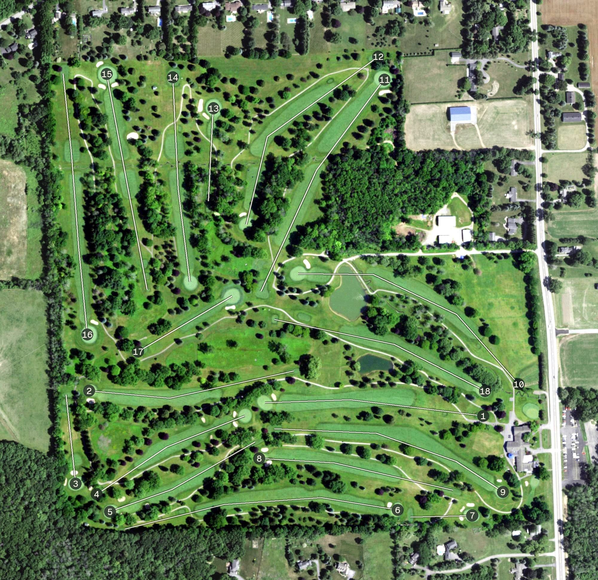 Aerial view of Mendon Golf Club, NY, with its hole routing marked