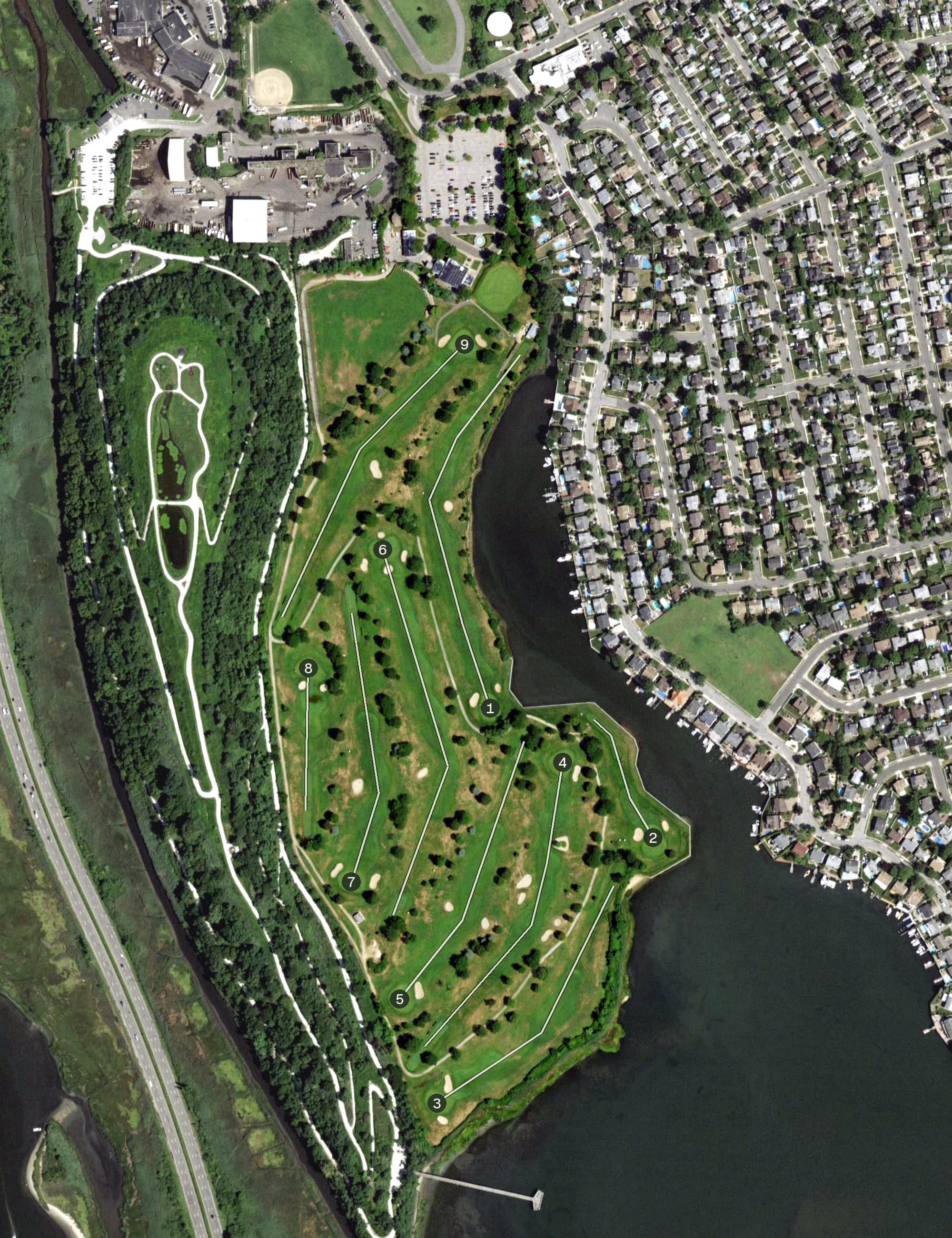 Aerial view of Merrick Golf Course, NY, with its hole routing marked