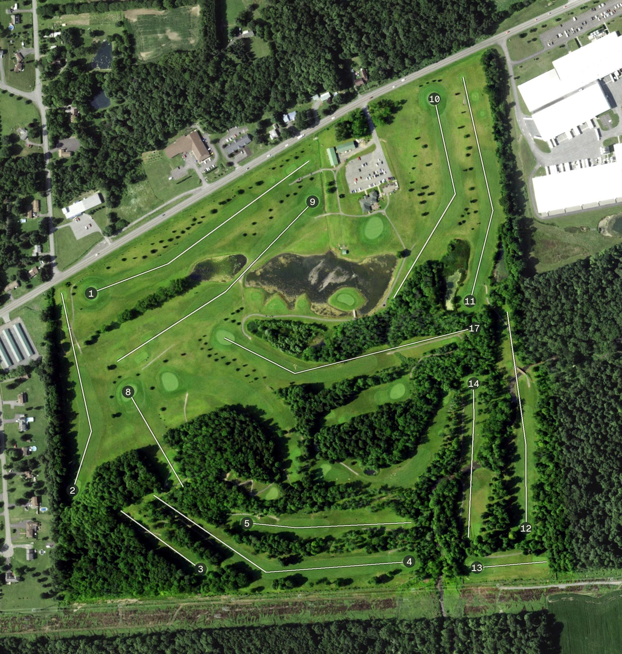Aerial view of Millstone Golf Course, NY, with its hole routing marked