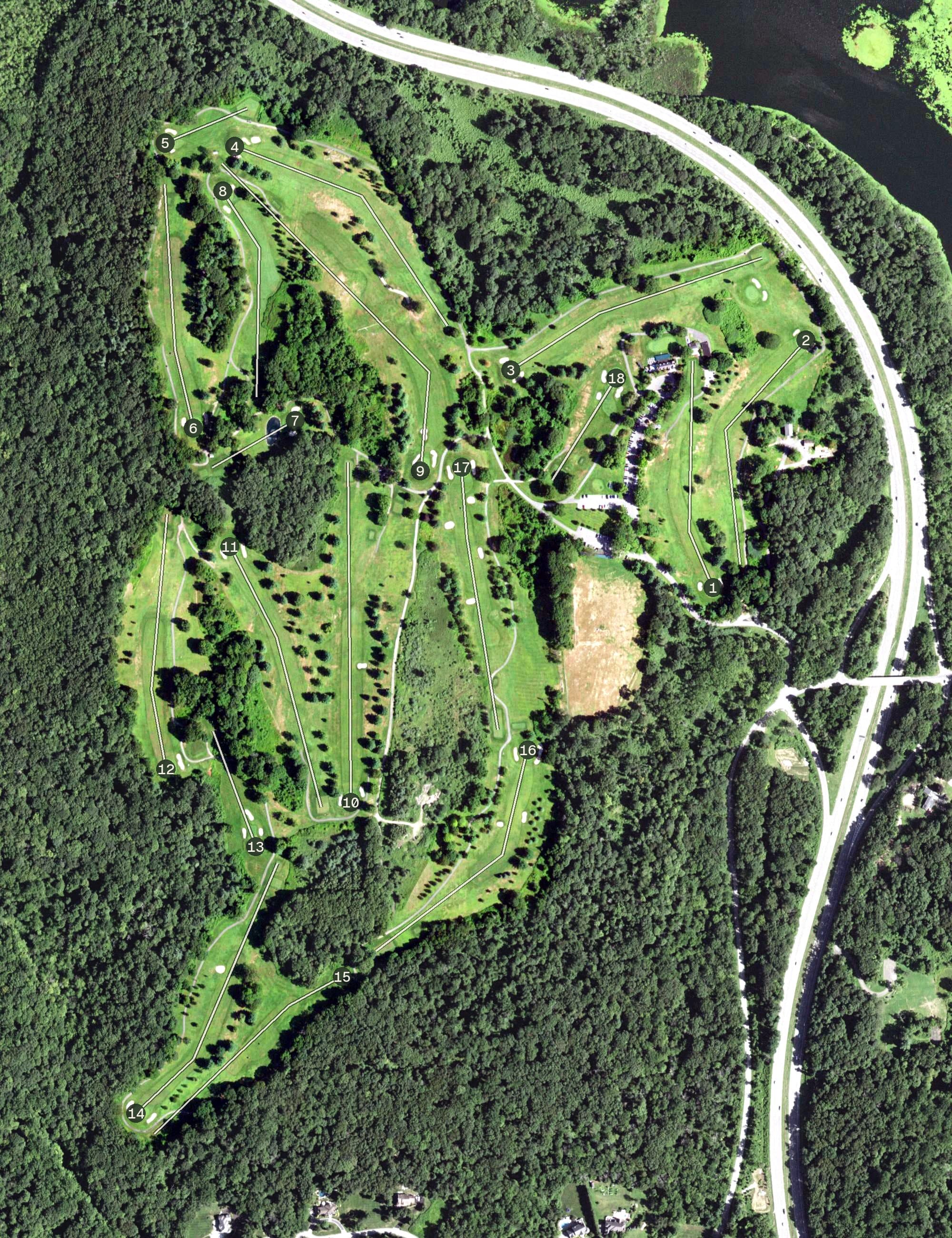 Aerial view of Mohansic Golf Course, NY, with its hole routing marked