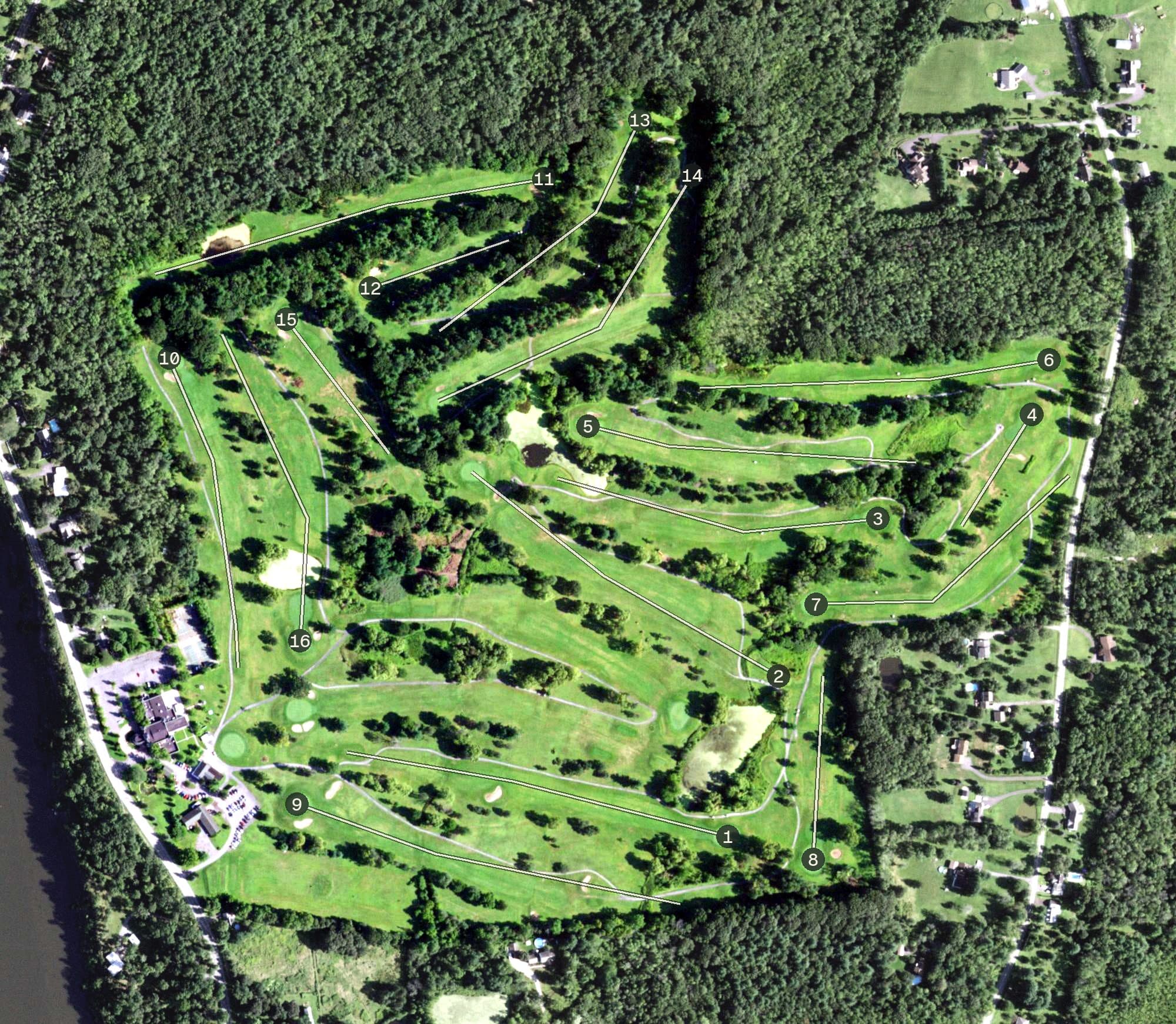 Aerial view of Mohawk River Country Club, NY, with its hole routing marked