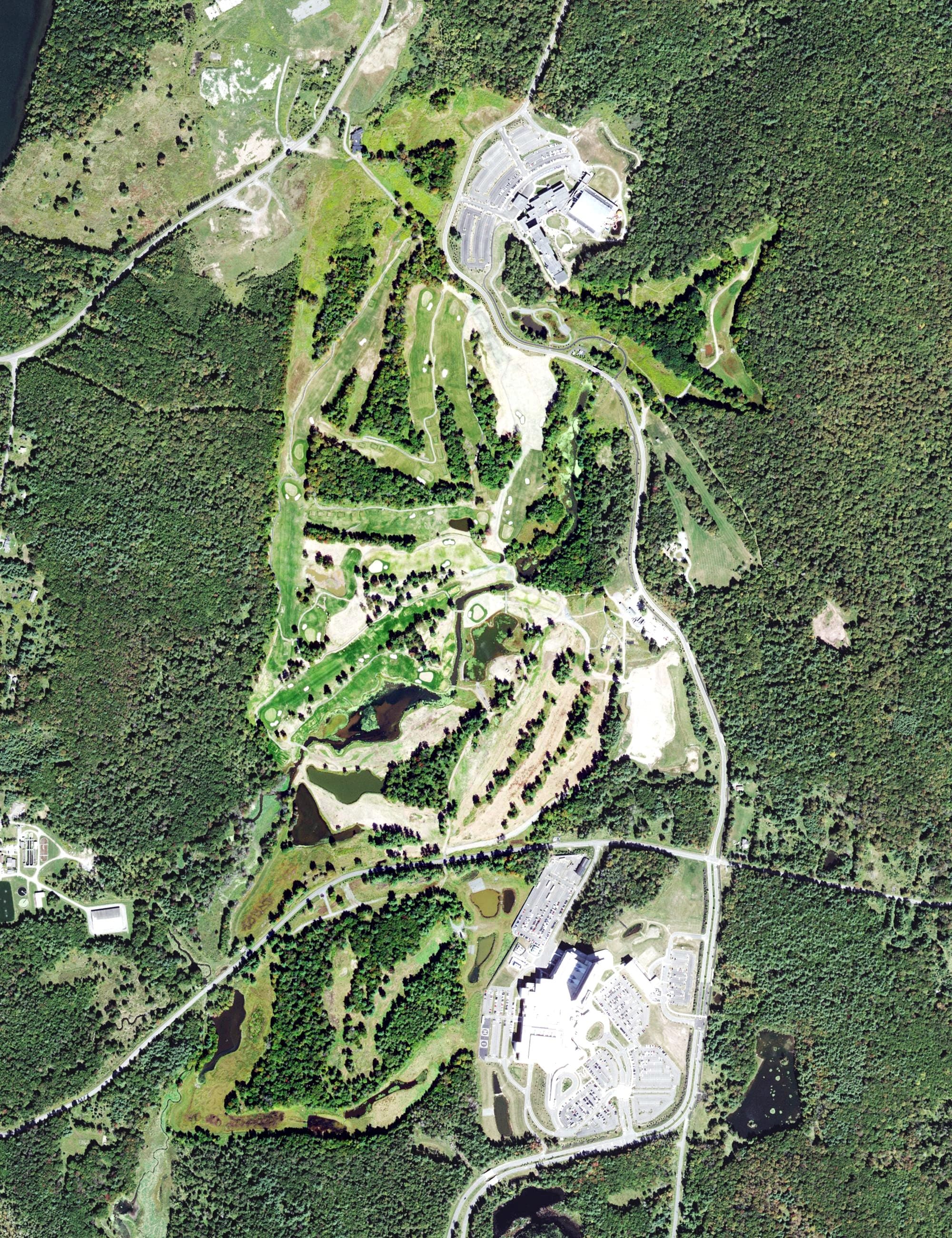 Aerial view of Monster Golf Club, NY, with its hole routing marked