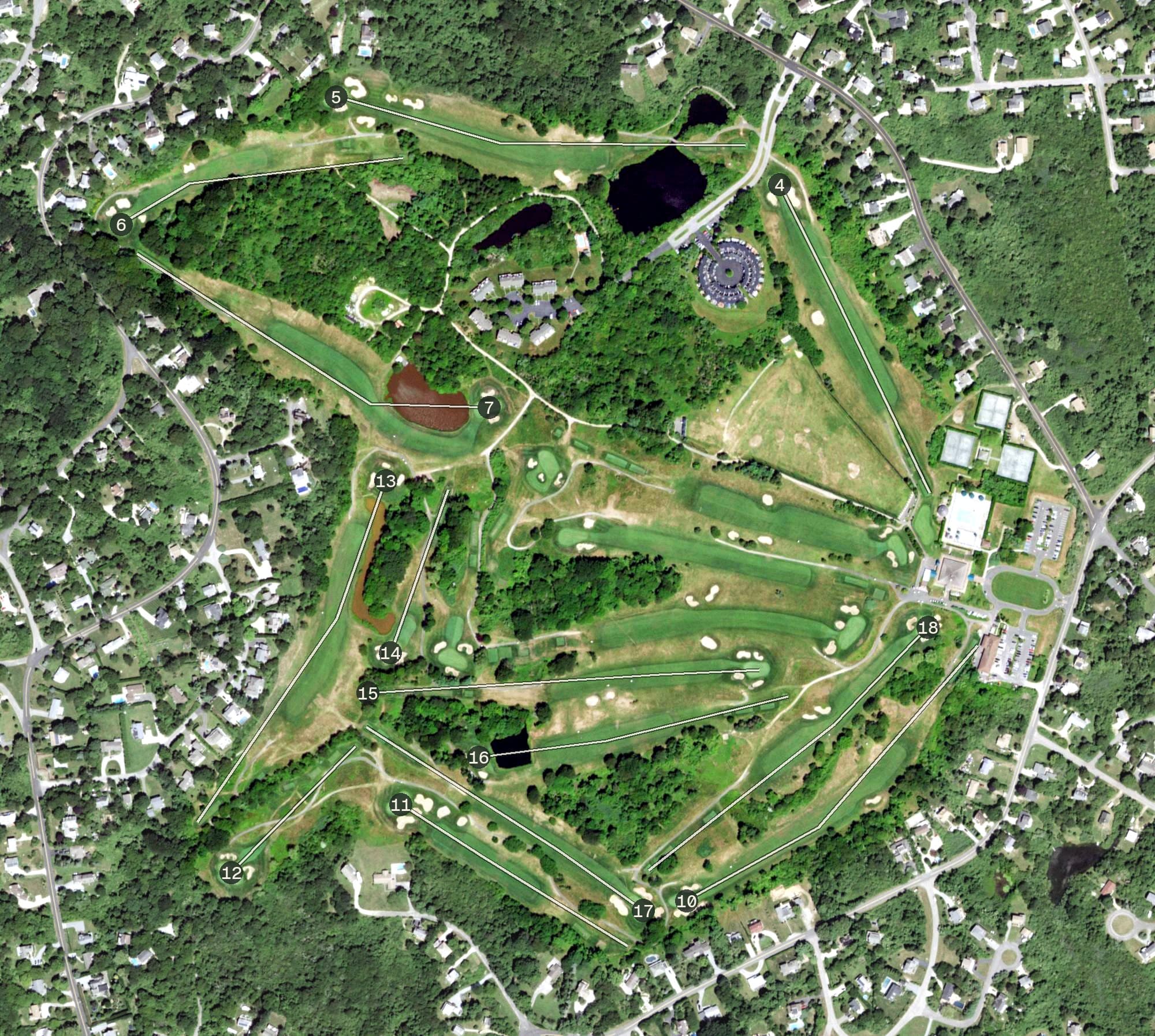 Aerial view of Montauk Downs, NY, with its hole routing marked