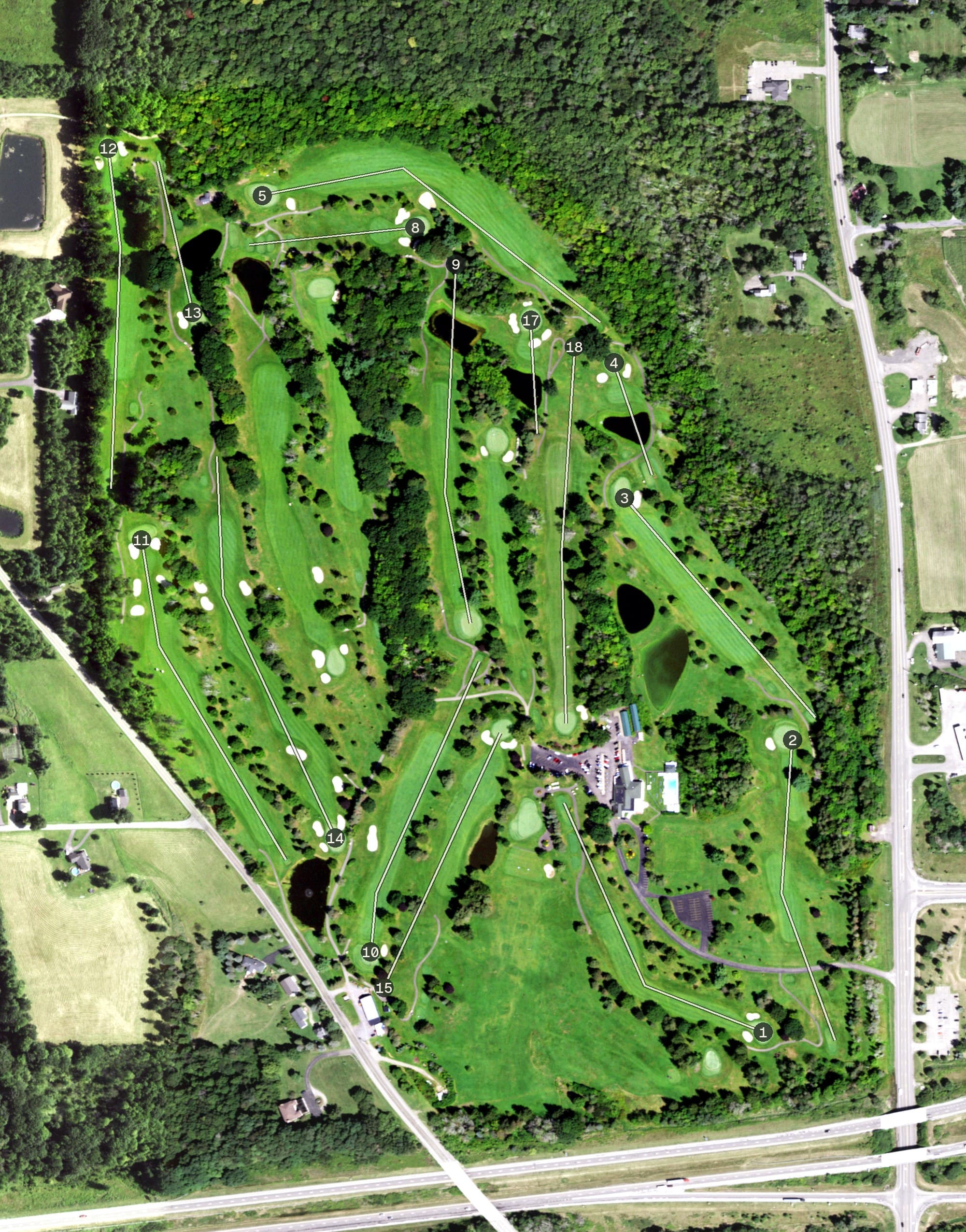 Aerial view of Moon Brook Country Club, NY, with its hole routing marked