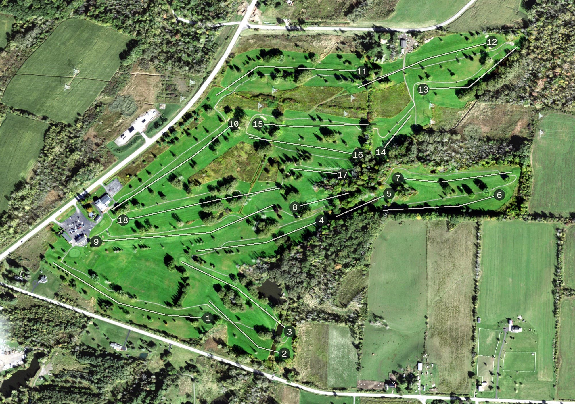 Aerial view of Morgan's Crossing, NY, with its hole routing marked