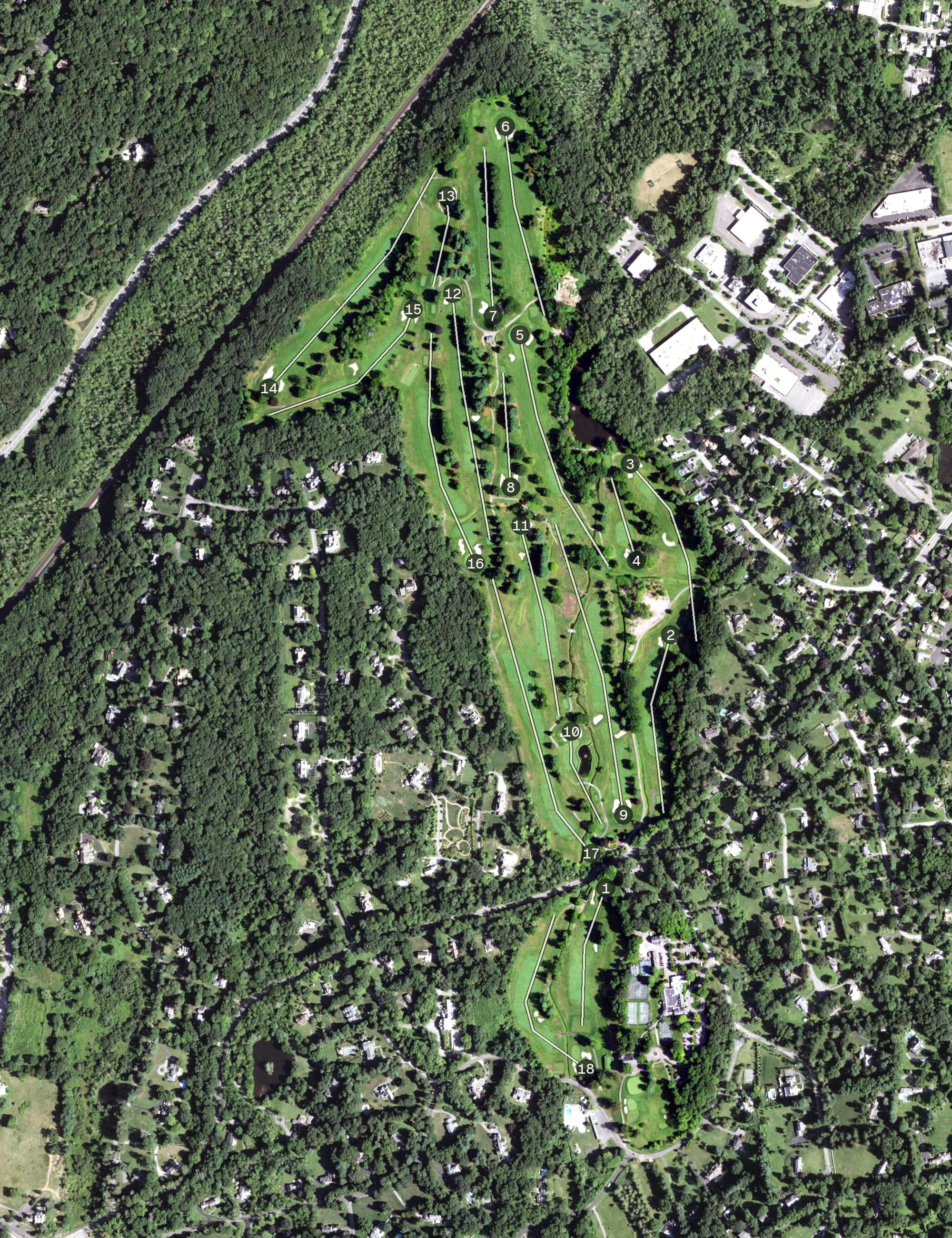 Aerial view of Mount Kisco Country Club, NY, with its hole routing marked