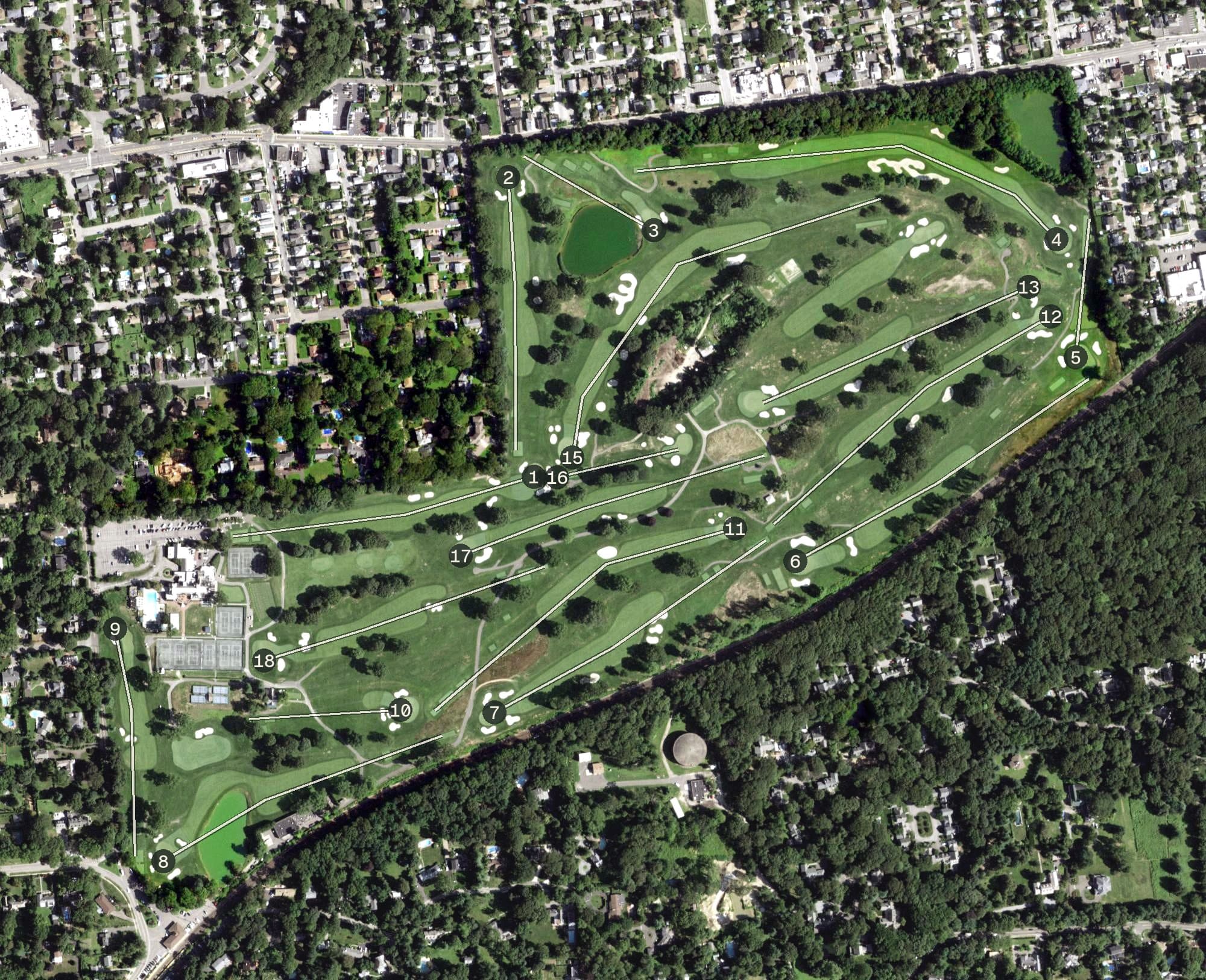 Aerial view of Nassau Country Club, NY, with its hole routing marked