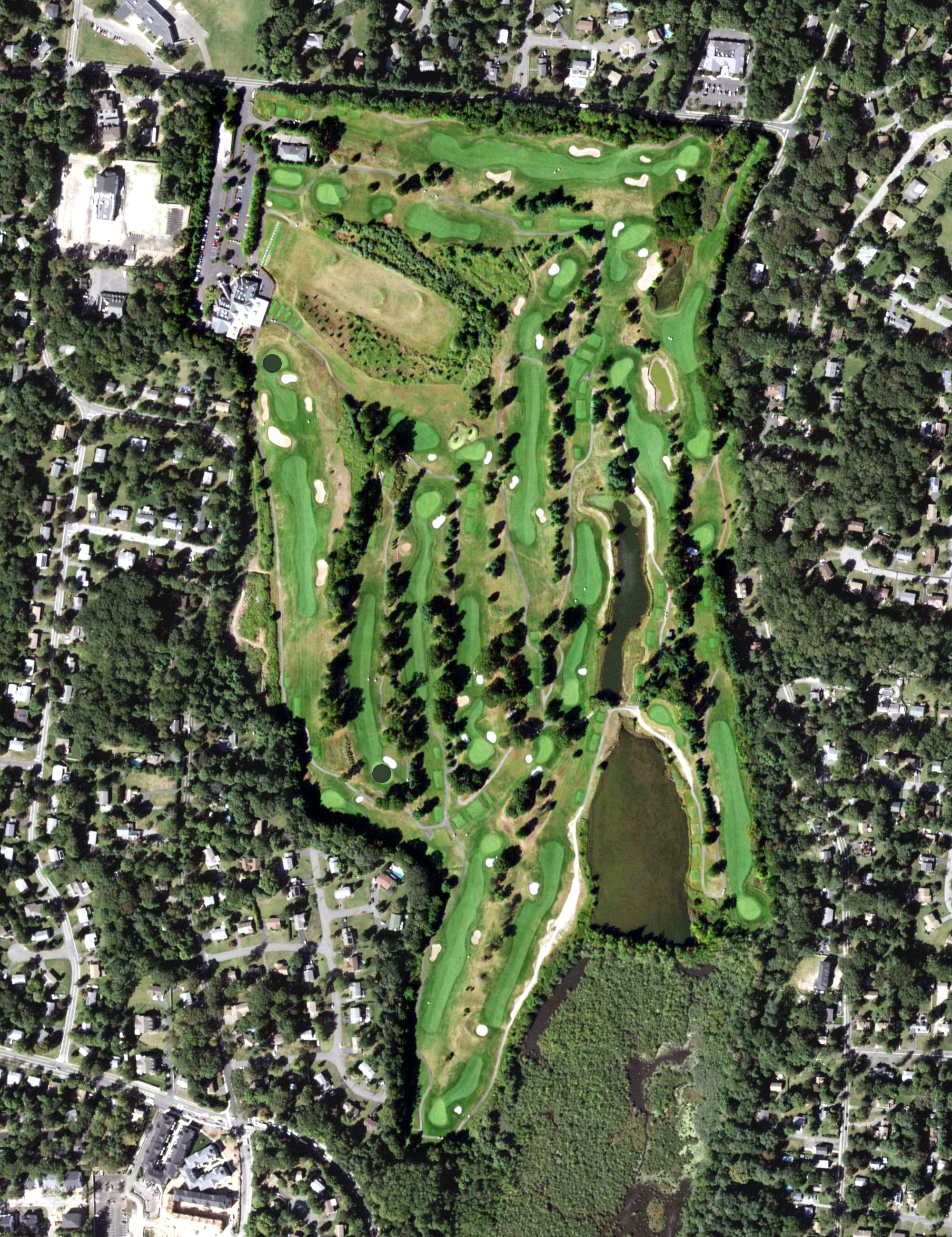 Aerial view of New York Country Club, NY, with its hole routing marked