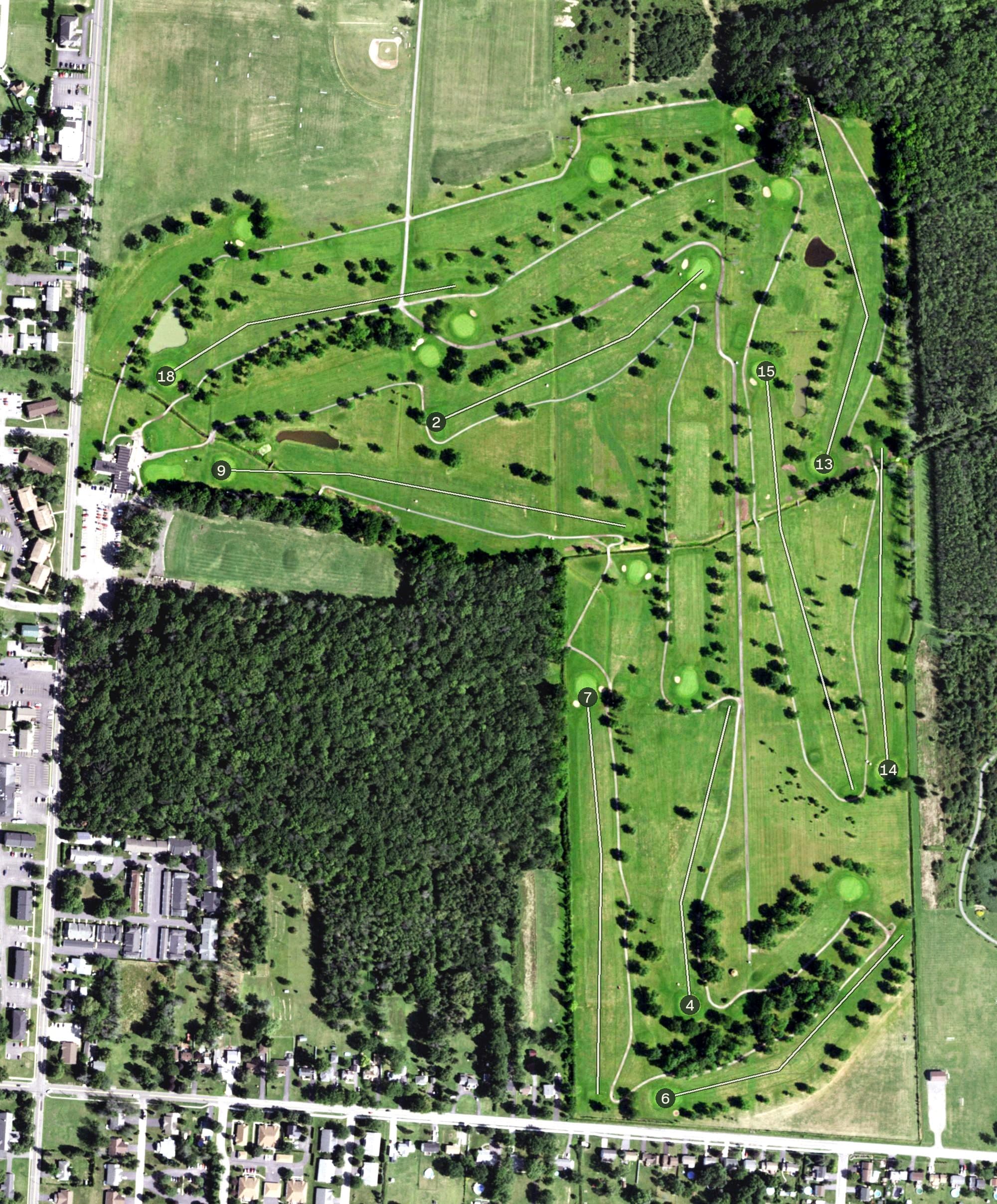 Aerial view of Niagara County Golf Course, NY, with its hole routing marked