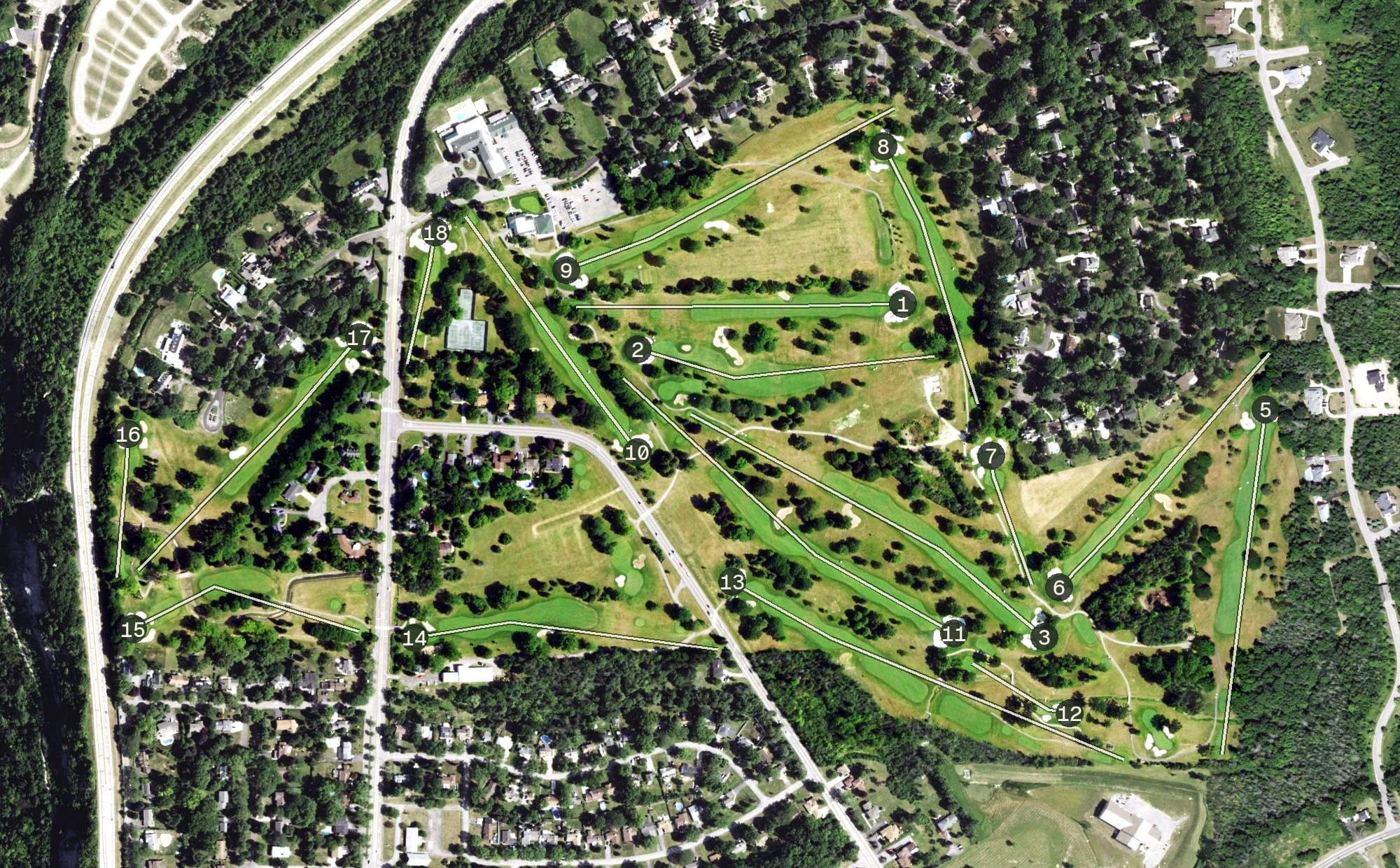 Aerial view of Niagara Falls Country Club, NY, with its hole routing marked
