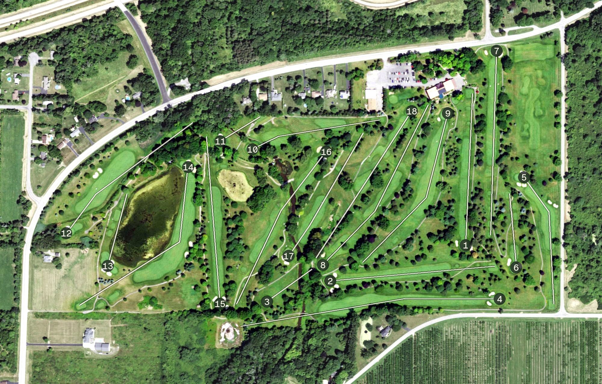 Aerial view of Niagara Frontier Golf Club, NY, with its hole routing marked
