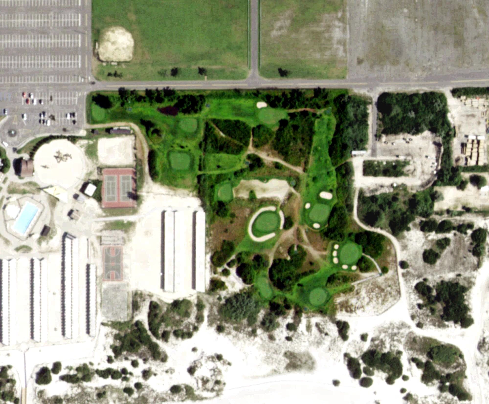 Aerial view of Nickerson Pitch and Putt, NY, with its hole routing marked
