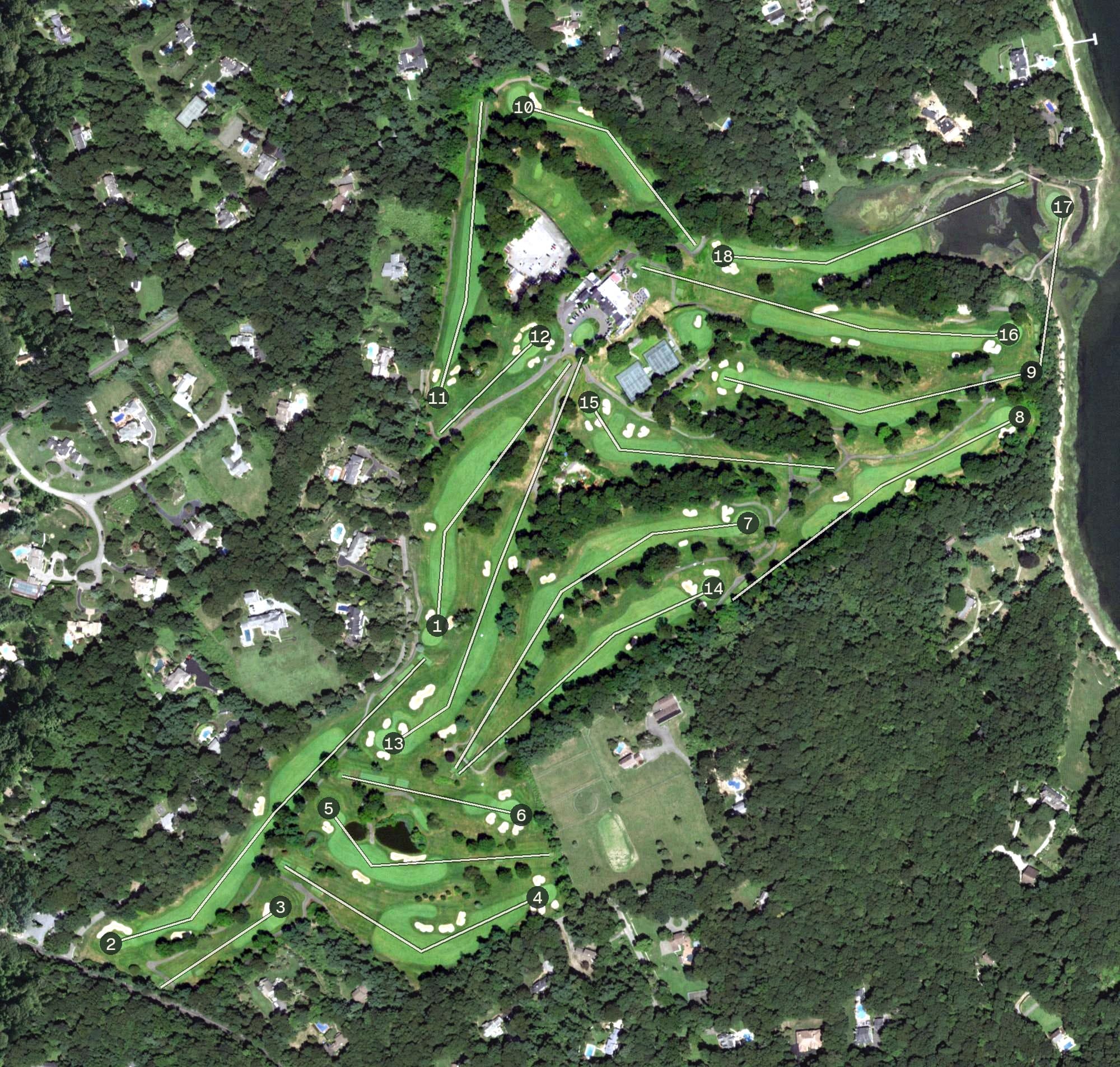 Aerial view of Nissequogue Golf Club, NY, with its hole routing marked