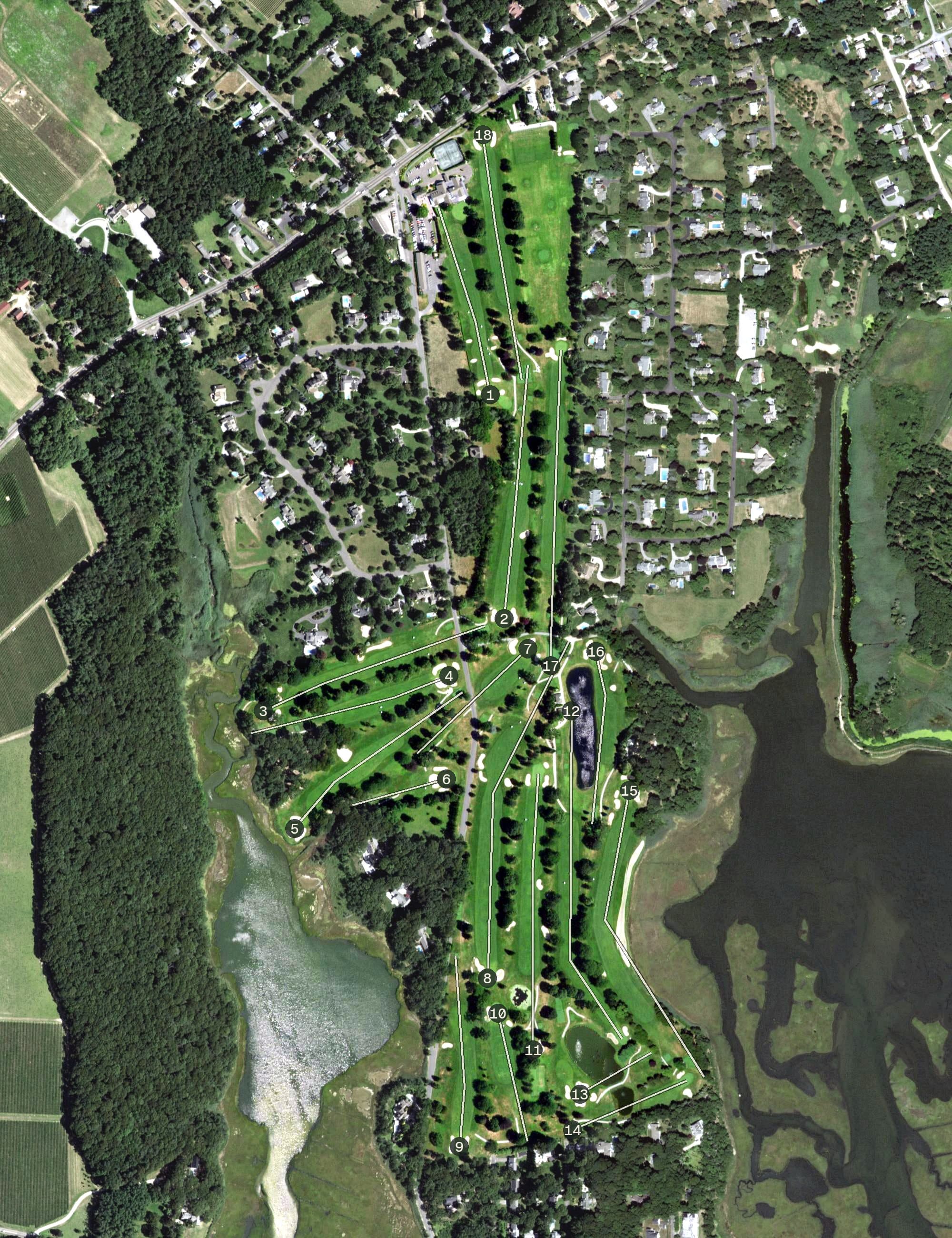 Aerial view of North Fork Country Club, NY, with its hole routing marked